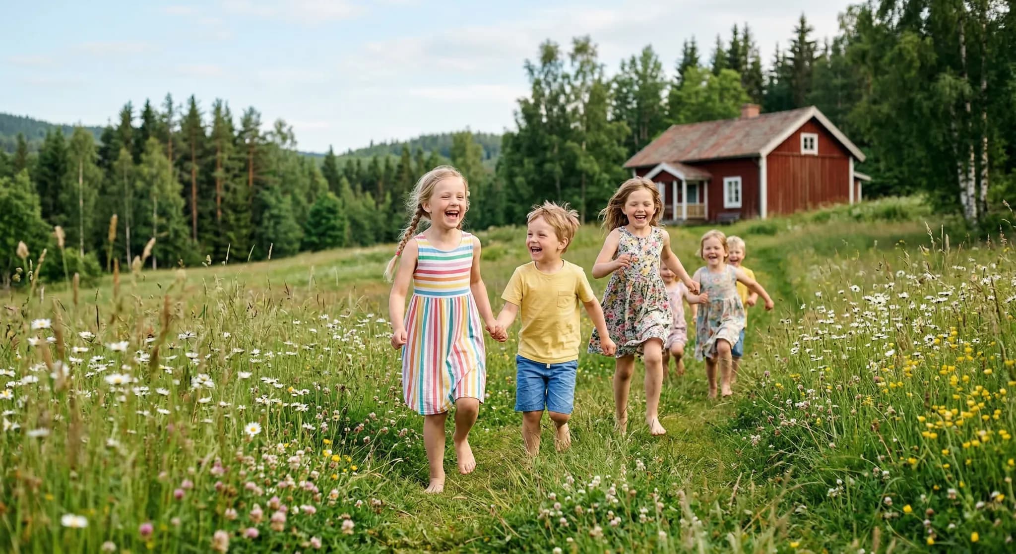 A group of young children wearing colorful summer clothes playing in a lush green meadow with a rustic wooden cabin in the background, characteristic of Northern Europe. The image has soft natural lig