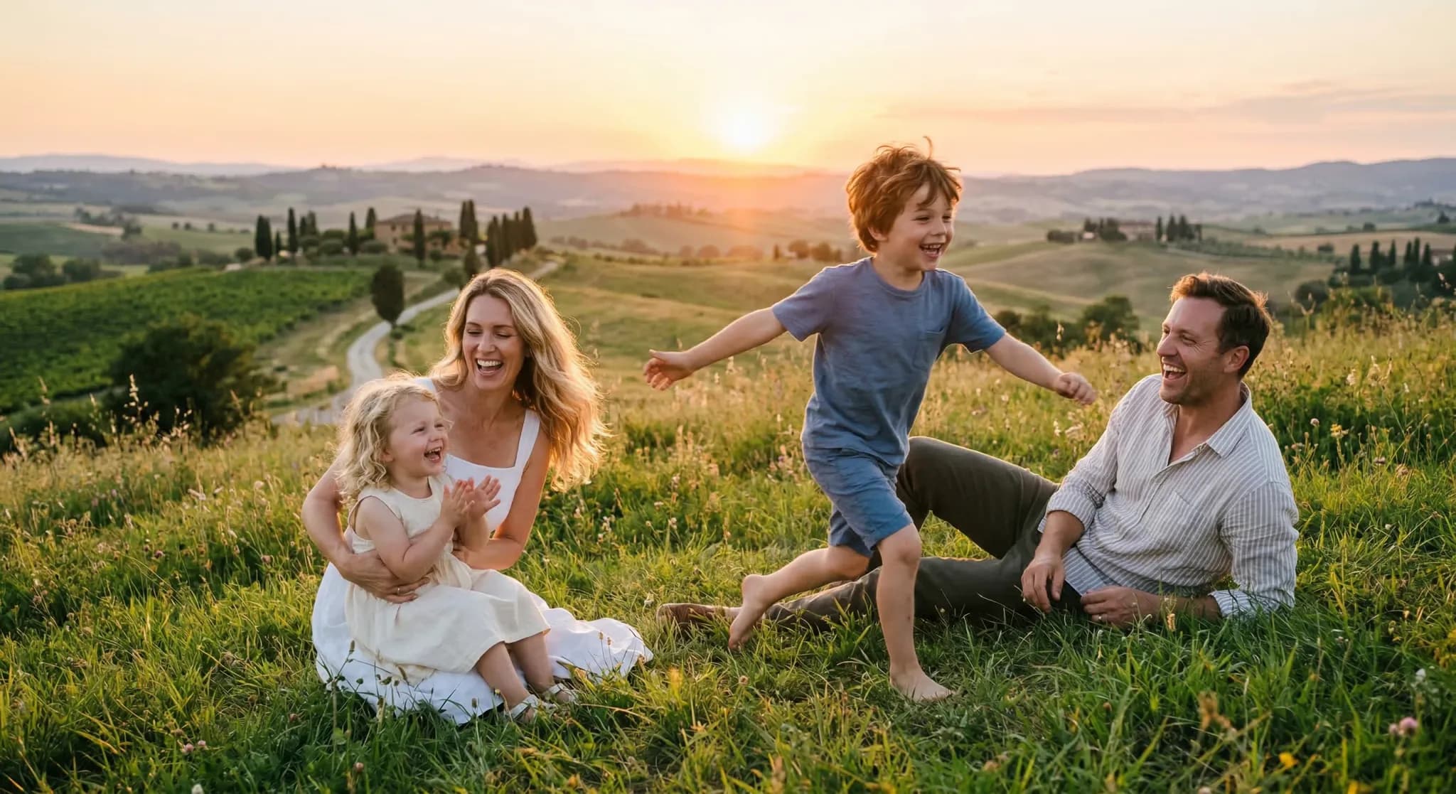 A photorealistic scene of a European family with two children laughing and playing on a grassy hill during a summer sunset. The lighting is warm and golden, creating a soft glow around the subjects, w