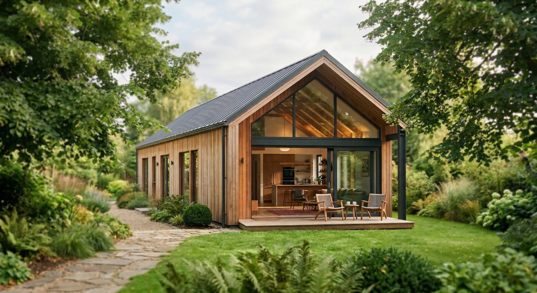 A photorealistic eye-level view of a modern single-story residential building with a gabled roof and natural wood cladding. The building features large floor-to-ceiling windows looking out onto a lush