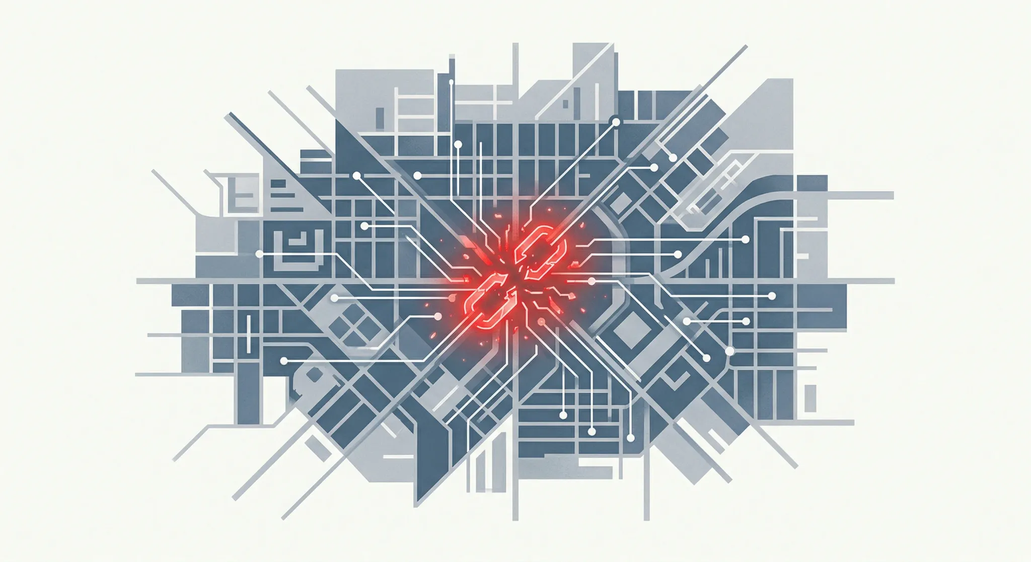 A minimalist editorial illustration featuring a geometric representation of a city map in shades of slate blue and soft grey. In the center, a stylized glowing red broken circuit link signifies a digi