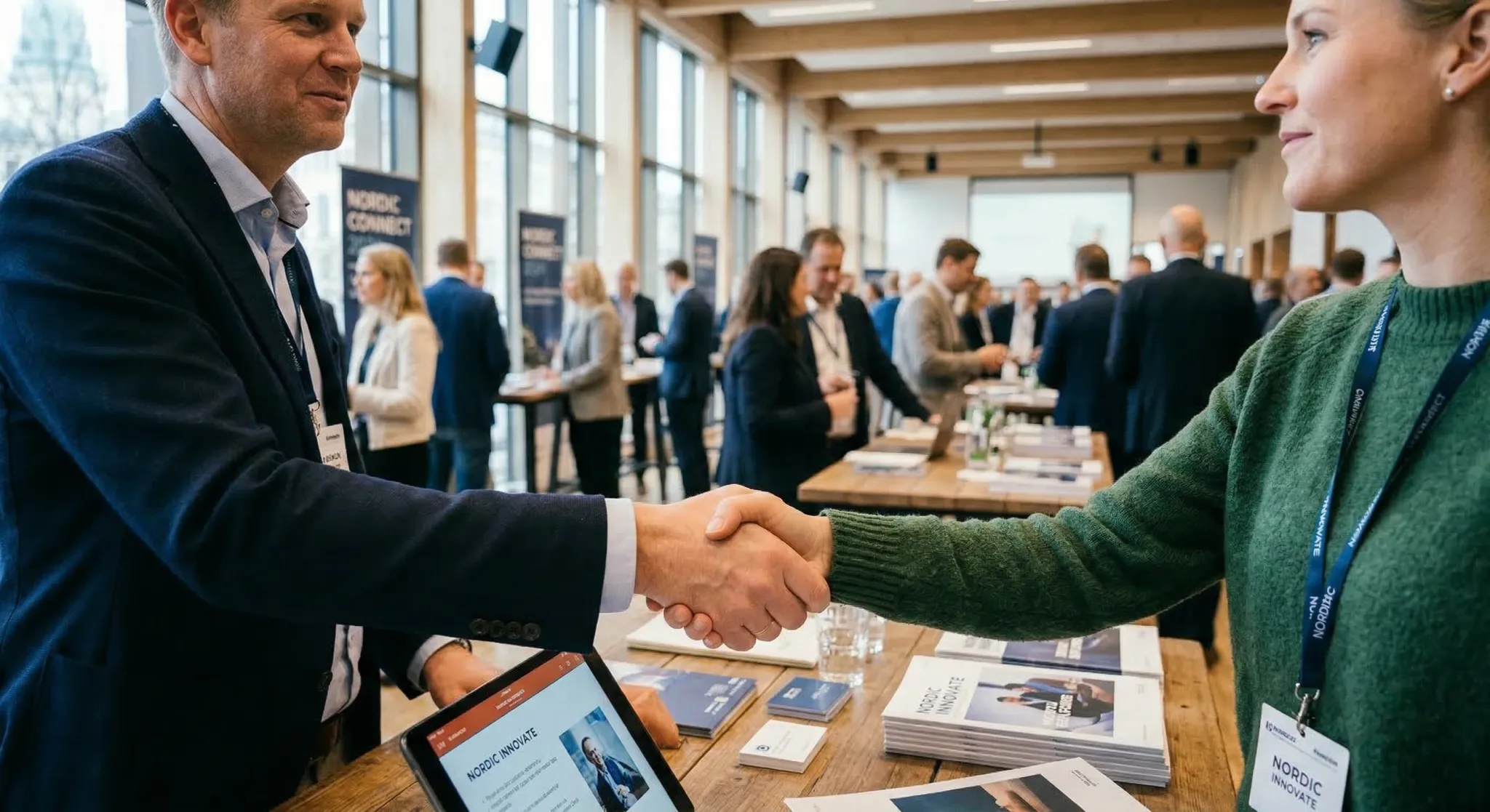 A bright and airy hall during a professional networking event in Northern Europe. People in smart casual clothing are engaged in friendly conversation around wooden tables with neatly arranged brochur