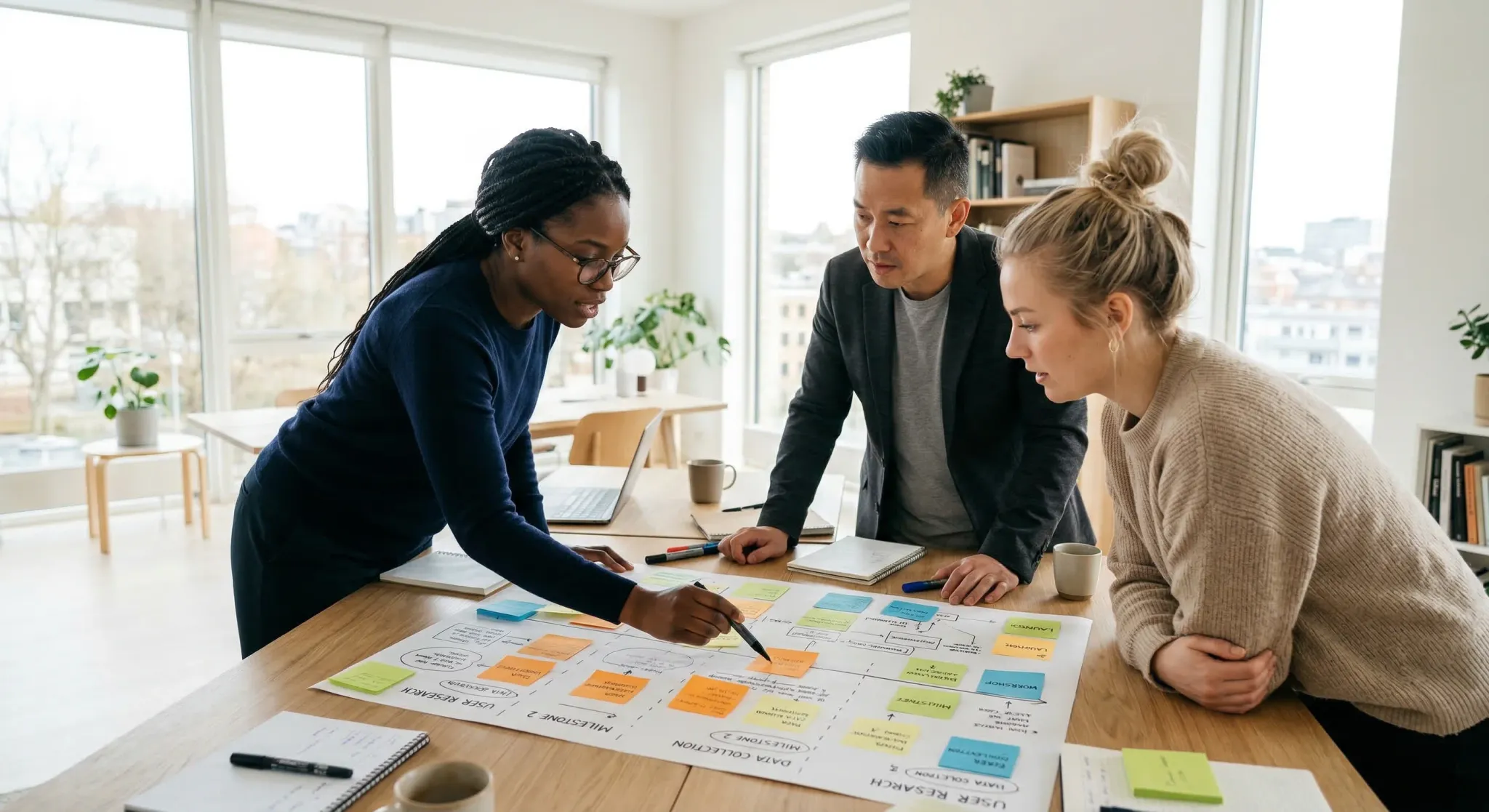 A group of three diverse professionals, representing researchers and industry practitioners, lean over a large light-wood table in a bright, minimalist Scandinavian office. They are reviewing a detail