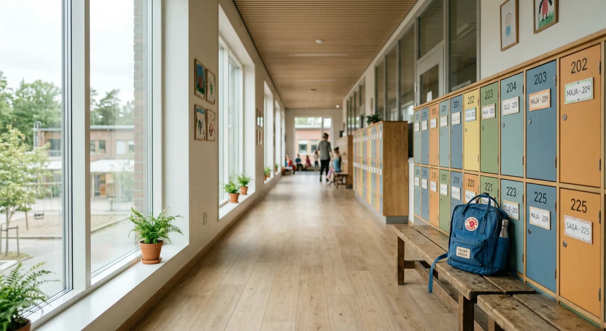 A high-quality photorealistic image of a bright, modern Scandinavian elementary school hallway. Soft natural light streams through large windows, highlighting a row of colorful wooden lockers and a si