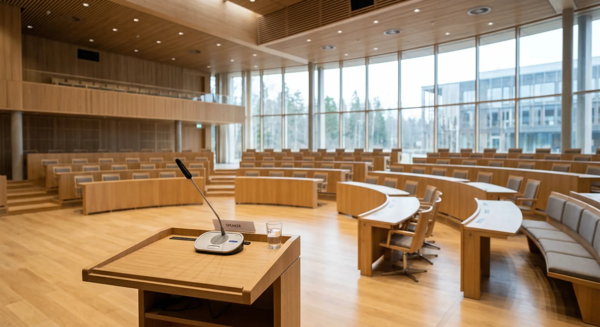 A wide-angle photorealistic shot of a modern Scandinavian-style council chamber with light wood desks arranged in a semicircle. Soft natural light filters through large windows, and a microphone sits