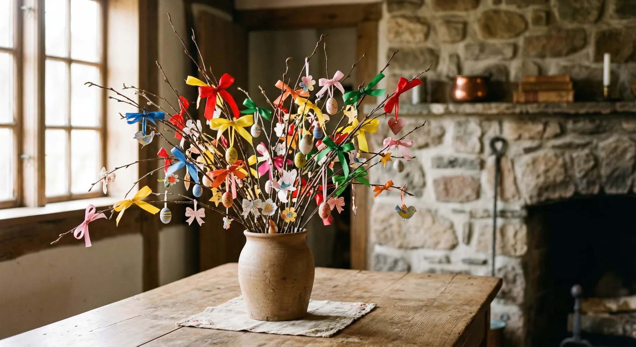 A photorealistic close-up of traditional fastelavnsris, which are birch branches decorated with colorful silk ribbons and small paper ornaments. The branches are placed in a simple clay vase on a rust