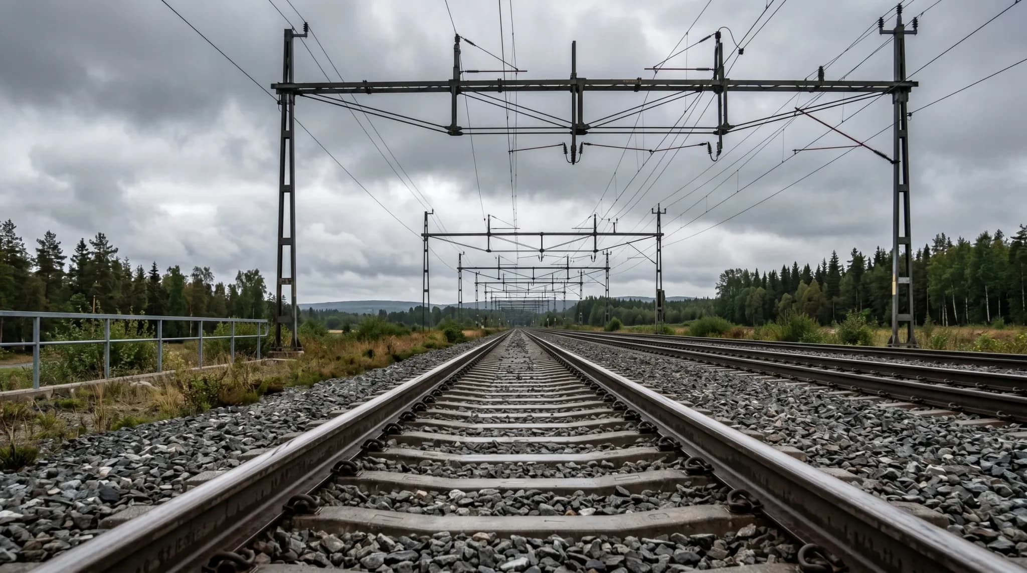 A wide-angle, low-angle shot of empty railway tracks stretching toward the horizon under a heavy, overcast Northern European sky. Detailed copper overhead catenary wires and steel support structures f