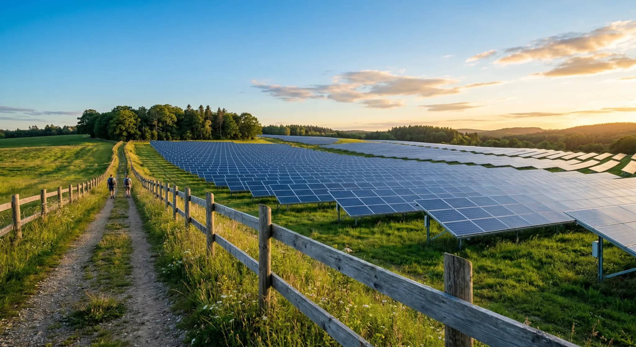 A vast array of solar panels situated in a rolling green field in Northern Europe, captured during the golden hour with soft sunlight. A wooden fence and a walking trail border the installation, leadi