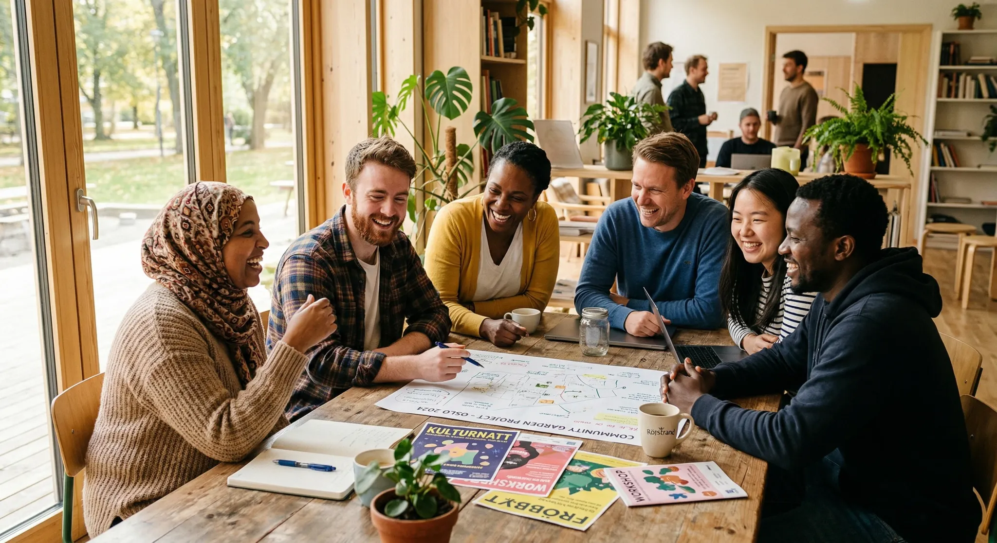 A diverse group of adults laughs and collaborates while gathered around a wooden table covered with flyers and a community project map in a bright, sun-drenched Scandinavian workspace. The atmosphere is warm and productive, highlighted by the abundance of natural light and indoor greenery.