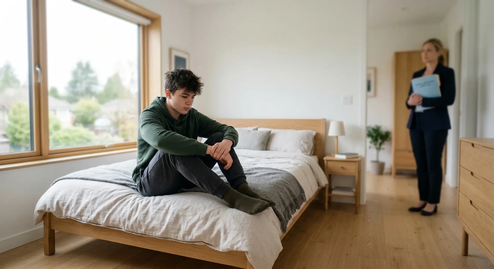 A photorealistic shot of a thoughtful teenage boy sitting on a wooden bed in a bright, modern Scandinavian-style bedroom with clean lines. Soft natural morning light streams through a large window, cr