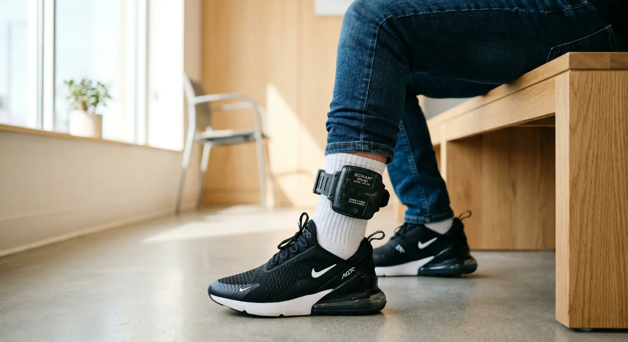 A photorealistic close-up of an electronic ankle monitor on a young person's leg, paired with modern sneakers and jeans. They are sitting in a bright, minimalist waiting room with light wood accents a