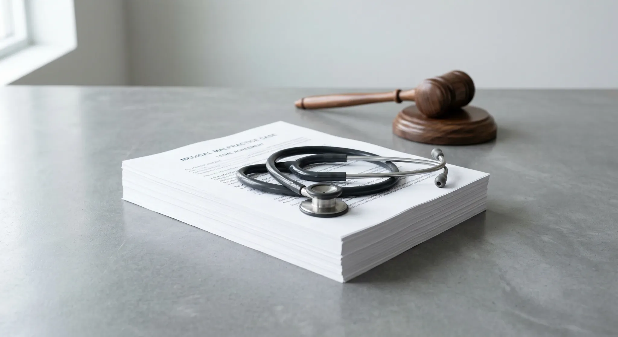 A minimalist composition featuring a professional stethoscope resting neatly on top of a thick stack of white legal documents. A dark wooden gavel sits subtly in the background on a polished grey surf