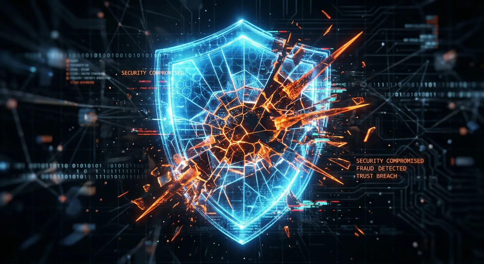 A conceptual 3D render representing digital vulnerability and fraud. A glowing blue translucent shield representing digital trust stands in the center of a dark space, with sharp orange digital fragme