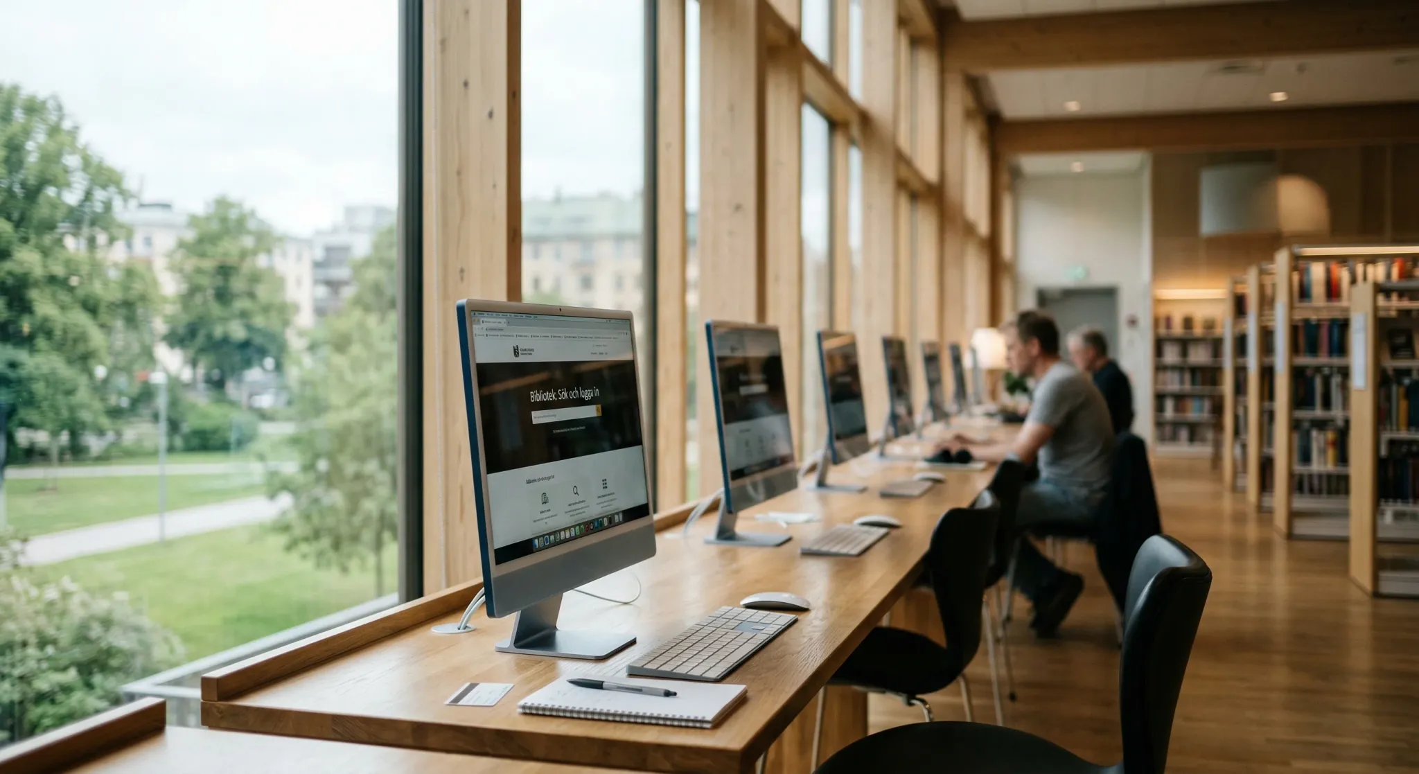 A photorealistic shot of a row of public library computers in a modern Scandinavian building. Soft natural light spills across the wooden desks through large windows, creating a calm atmosphere. The c