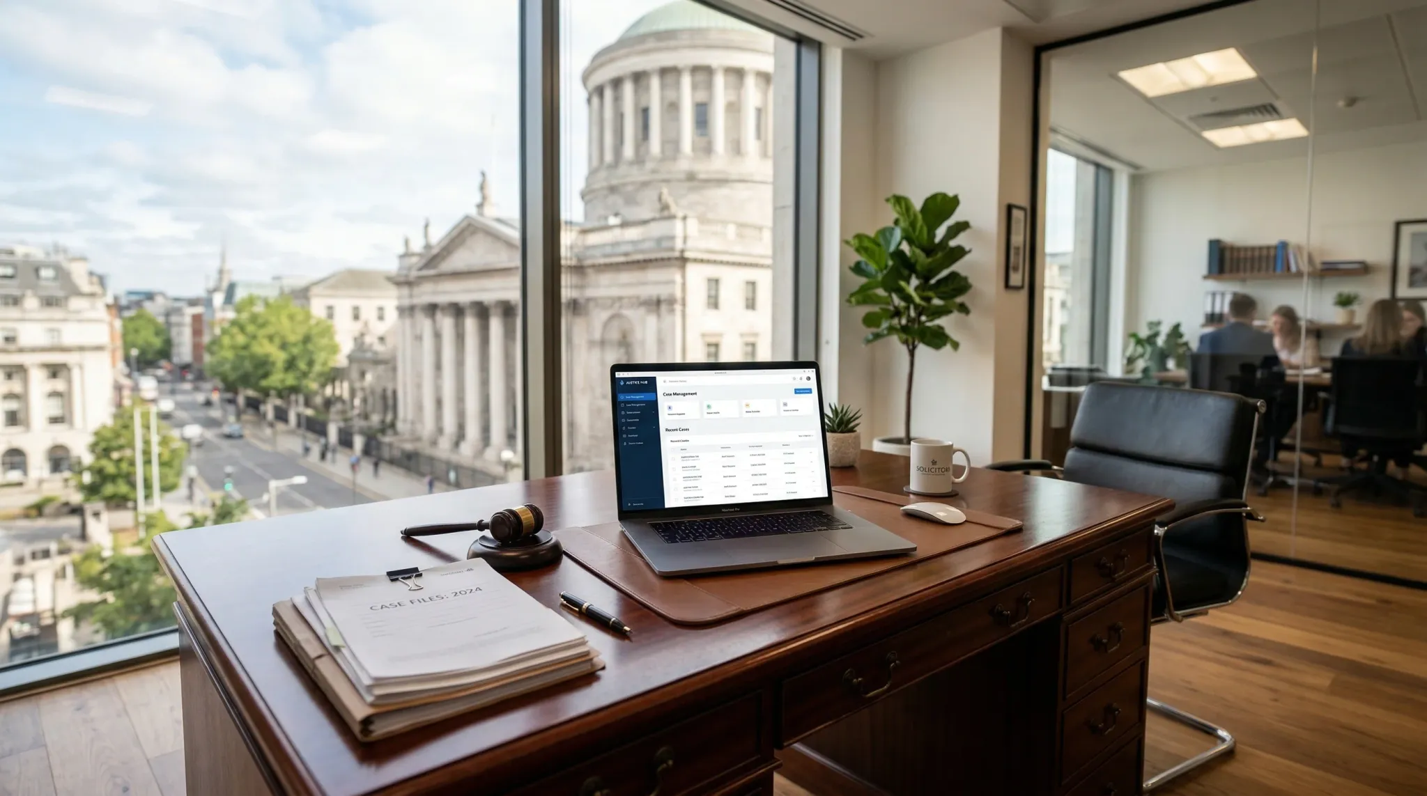 A wide-angle, photorealistic shot of a bright, modern office interior with a focus on a mahogany desk. On the desk, a high-end laptop displays a clean user interface for a digital portal, next to a sm