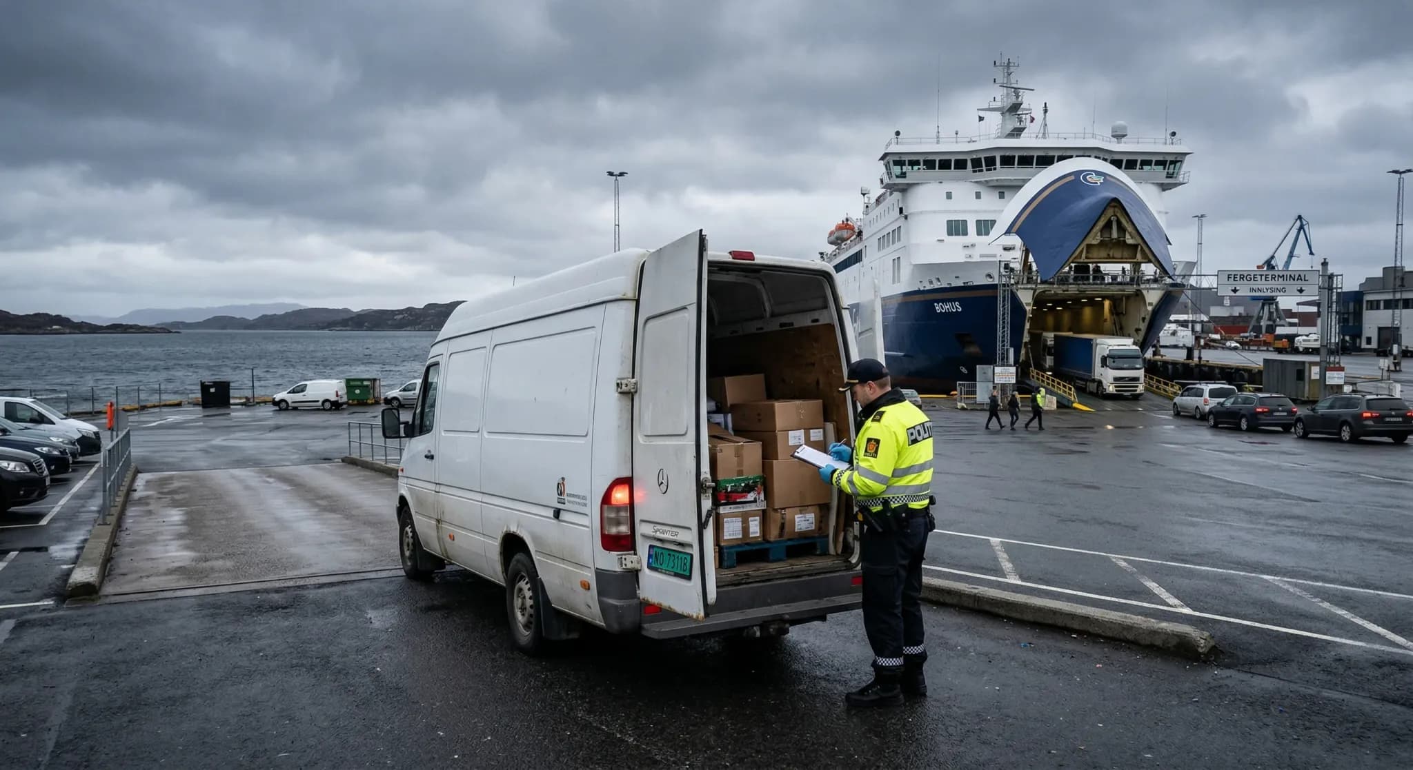 A photorealistic scene at a Northern European harbor under an overcast sky. A police officer in a high-visibility jacket is conducting an inspection of a white cargo van with its rear doors slightly a