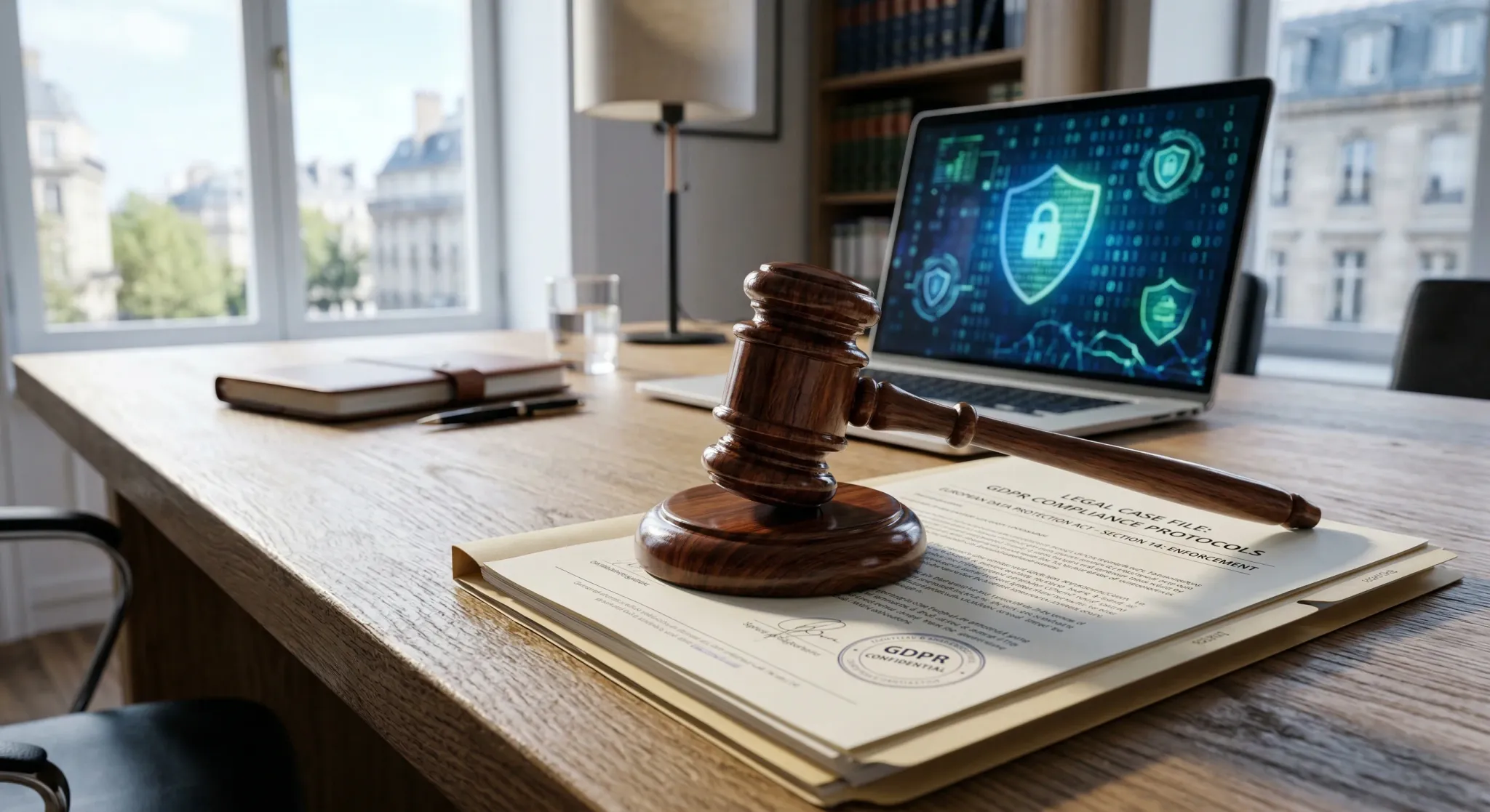 A close-up, photorealistic shot of a polished wooden gavel resting on a stack of legal documents inside a modern, sunlit European office. In the background, a laptop screen displays abstract digital p