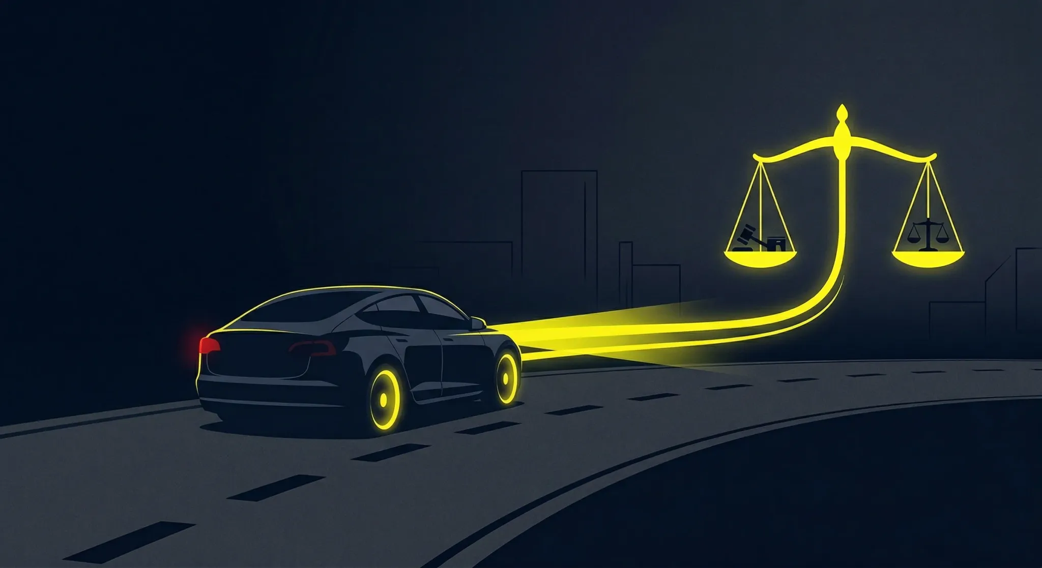 A clean editorial illustration depicting a stylized car speeding across a dark grey asphalt road, its headlights leaving long, sharp streaks of light that transition into the balanced scales of justic