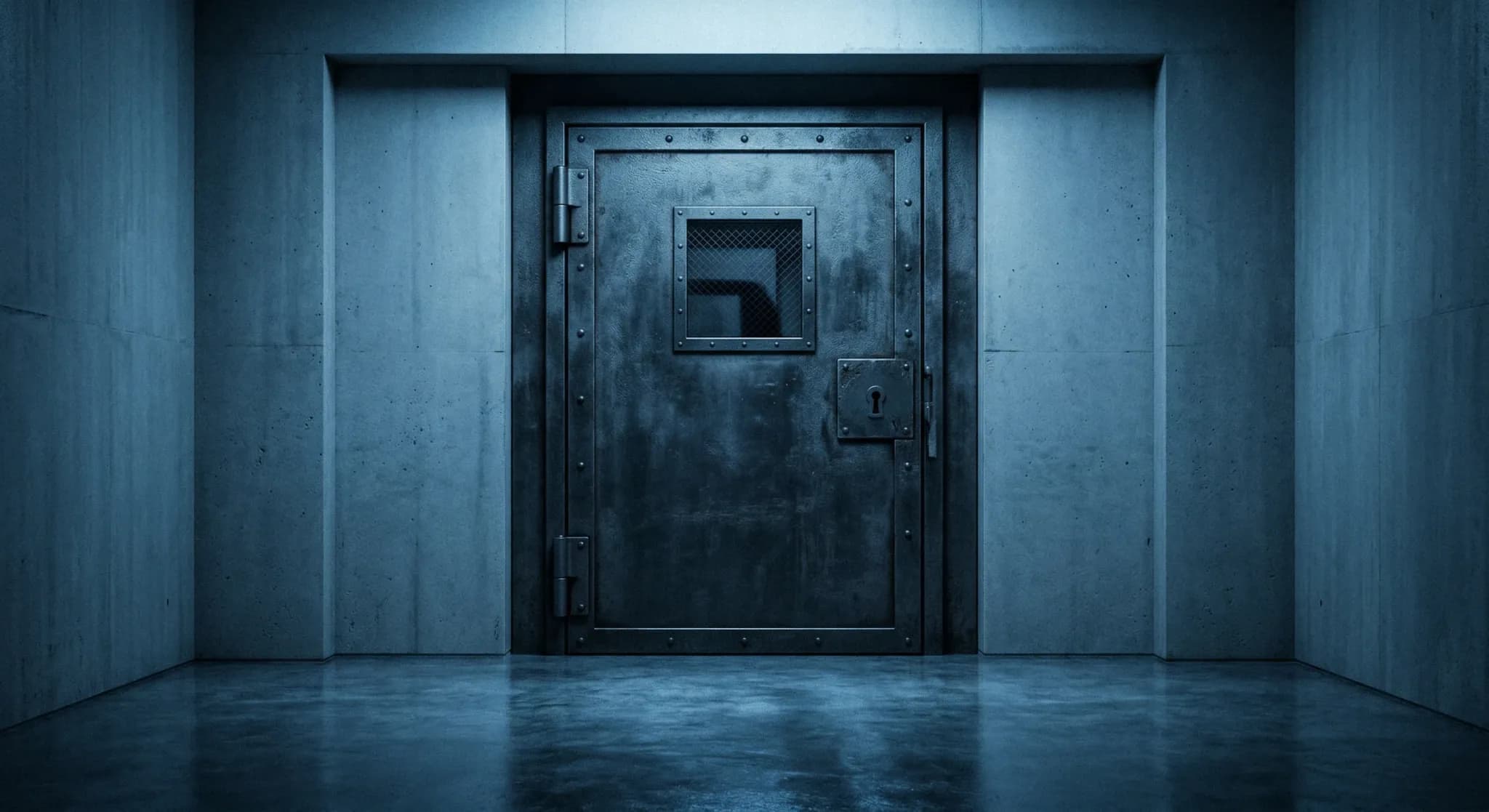 A heavy metal security door is set into a stark, industrial concrete room, creating a cold and oppressive atmosphere. The scene is illuminated by dim, clinical blue light that emphasizes the texture of the polished floor and the rugged, fortified appearance of the door.