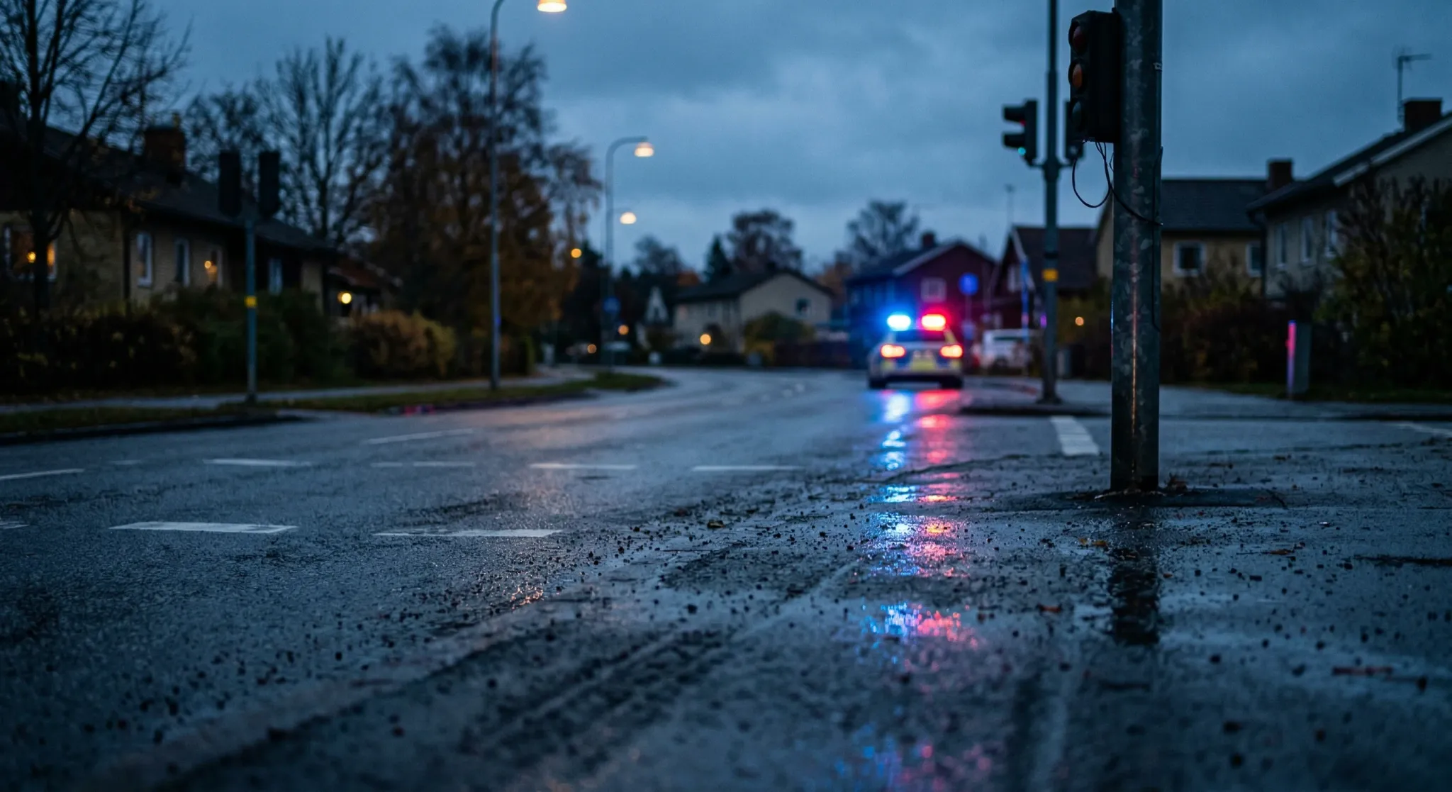 A low-angle cinematic shot of a wet asphalt road at dusk in a Northern European suburb. In the soft focus background, the blurred blue and red emergency lights of a police vehicle reflect off the damp