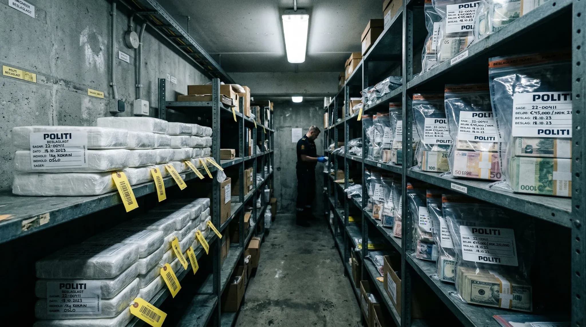 A wide-angle documentary-style photograph of a police evidence locker in Northern Europe. Industrial metal shelving holds rows of uniform white bricks and transparent bags of currency, illuminated by