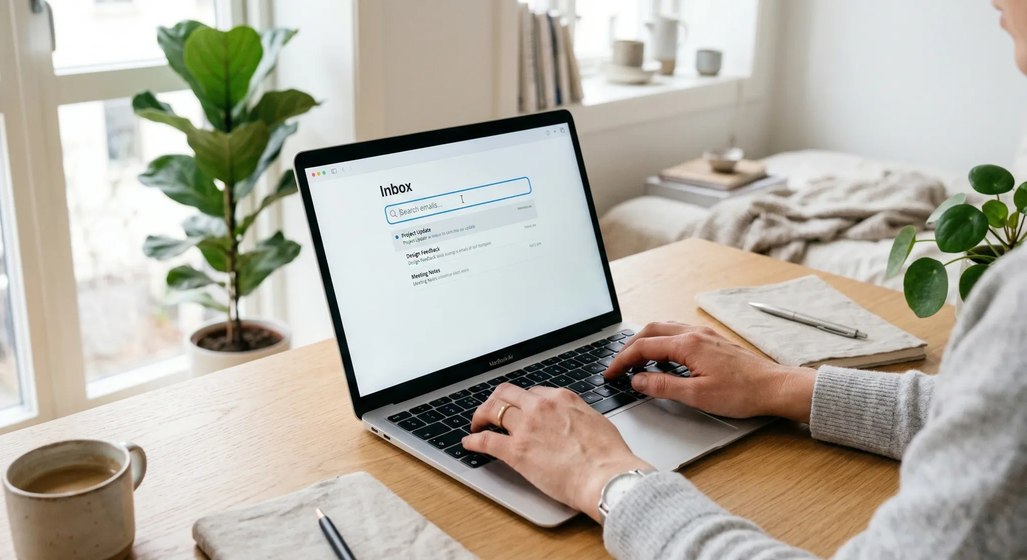 A photorealistic shot of a person's hands typing on a modern laptop in a bright Scandinavian-style apartment. The screen displays a clean, minimalist digital inbox interface with a search bar highligh