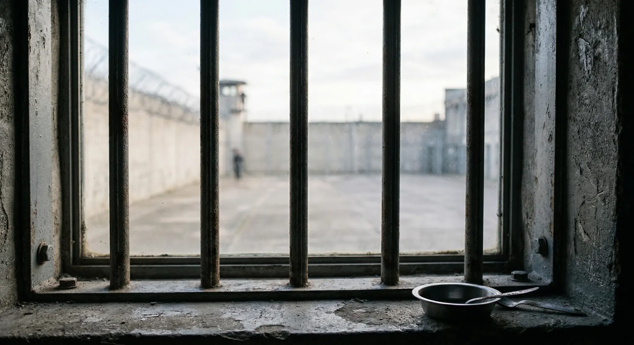 A detailed close-up shot of a high-security prison window with thick vertical steel bars, viewed from inside a dimly lit cell. Soft morning light streams through the glass, highlighting the rough text
