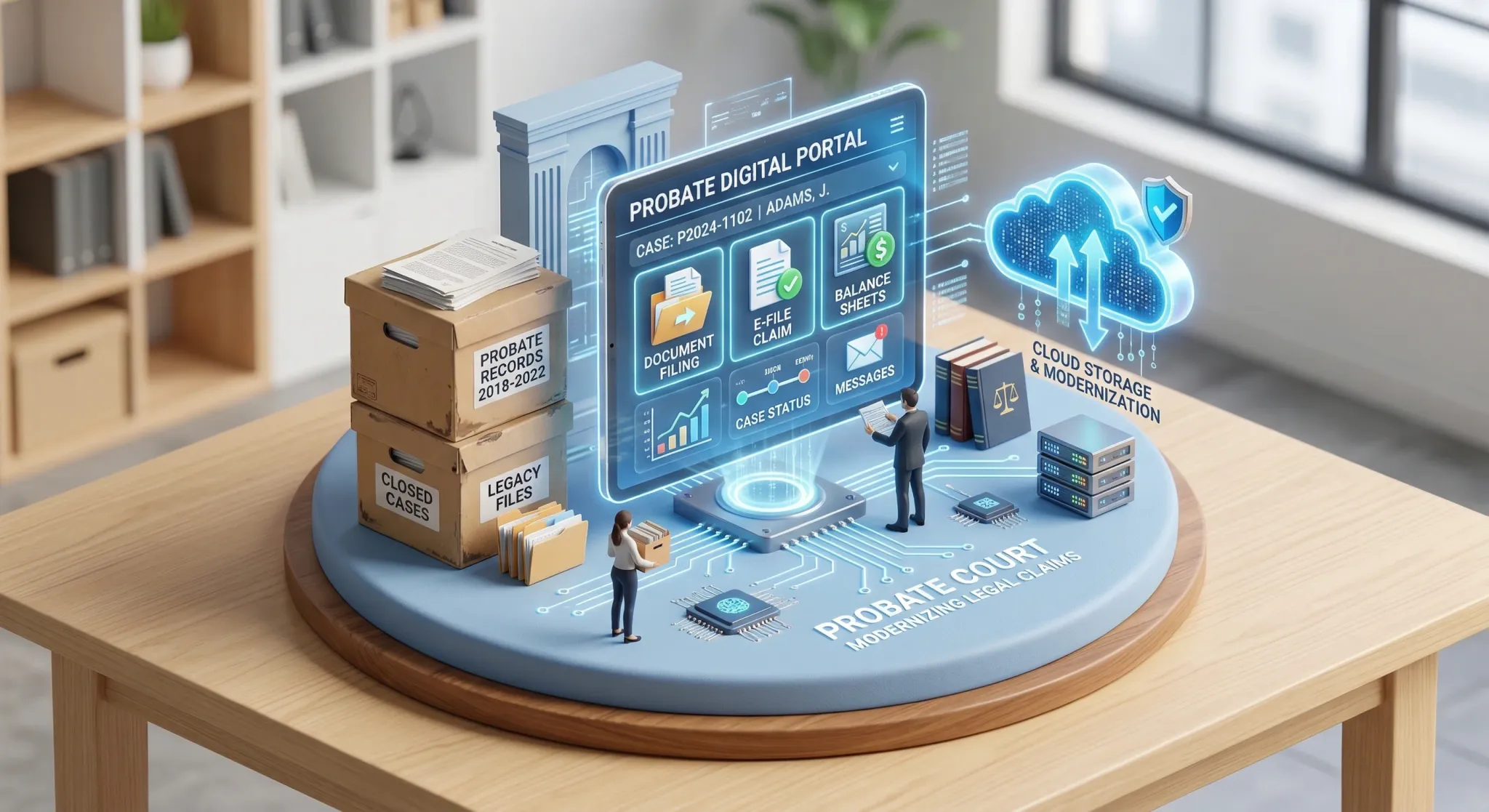 A clean 3D isometric diorama representing a digital portal for legal claims. On a soft blue platform, a floating translucent tablet screen displays a stylized user interface with icons for documents a