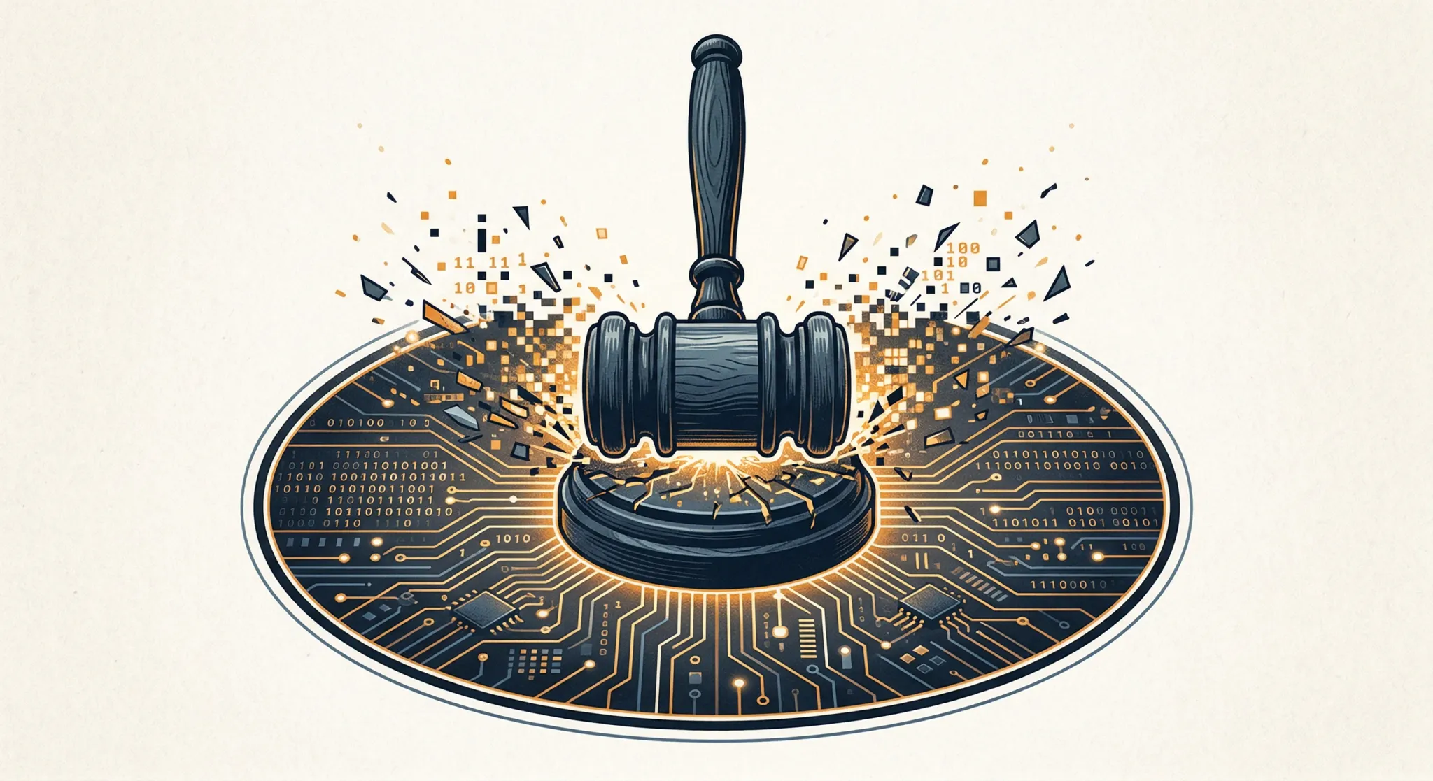 An editorial illustration depicting the intersection of digital technology and the law. A stylized wooden gavel strikes down onto a glowing circuit board pattern that is dissolving into pixels. The co