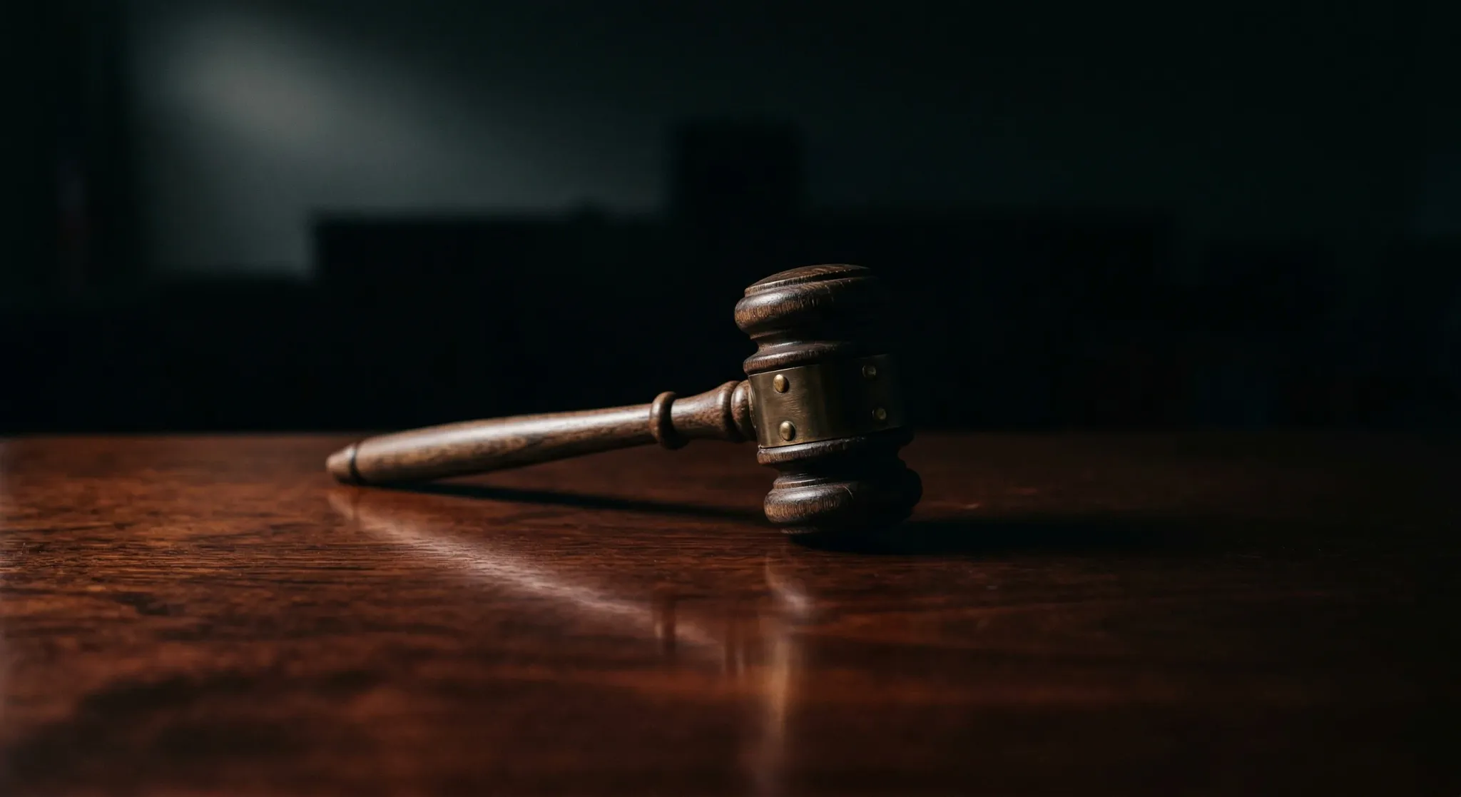 A minimalist composition featuring a dark wooden judge's gavel resting on a polished mahogany surface. The lighting is dramatic and cinematic, with a single light source creating deep shadows and high