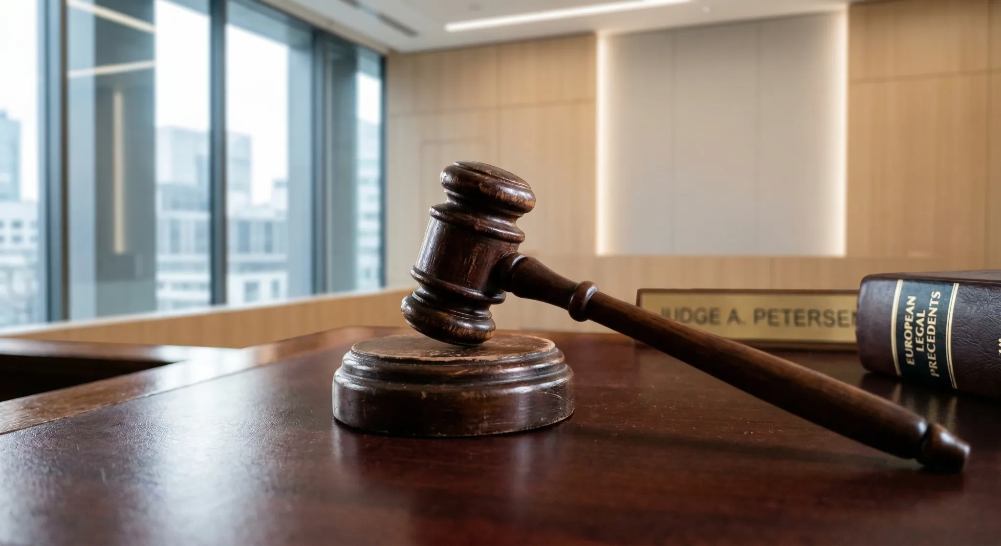 A close-up, low-angle shot of a judge's wooden gavel resting on a sound block in a modern European courtroom. The background is a soft-focus view of polished wood panels and a leather-bound law book.