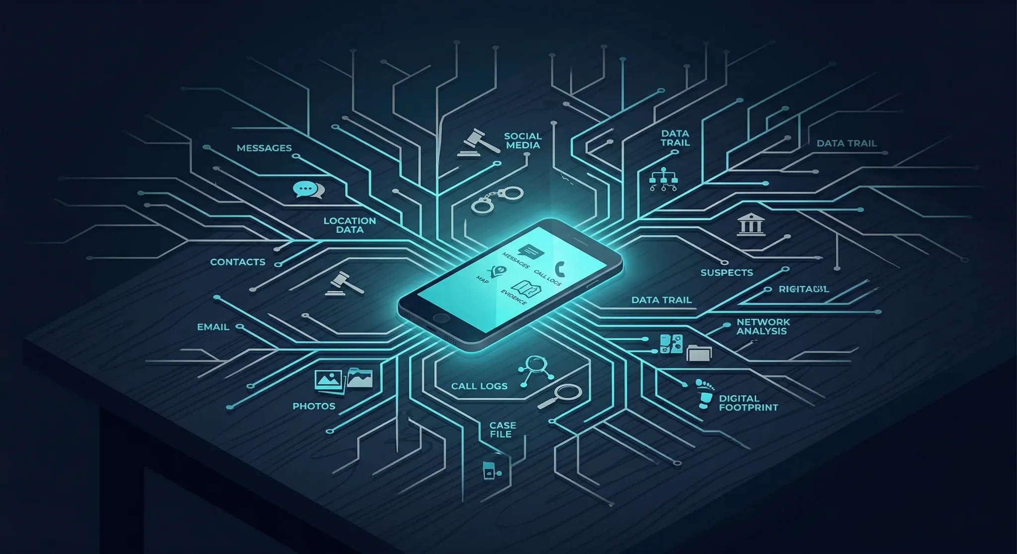 A conceptual editorial illustration featuring a single glowing smartphone on a dark table, with its light revealing a complex web of digital connection lines spreading across the surface. The backgrou