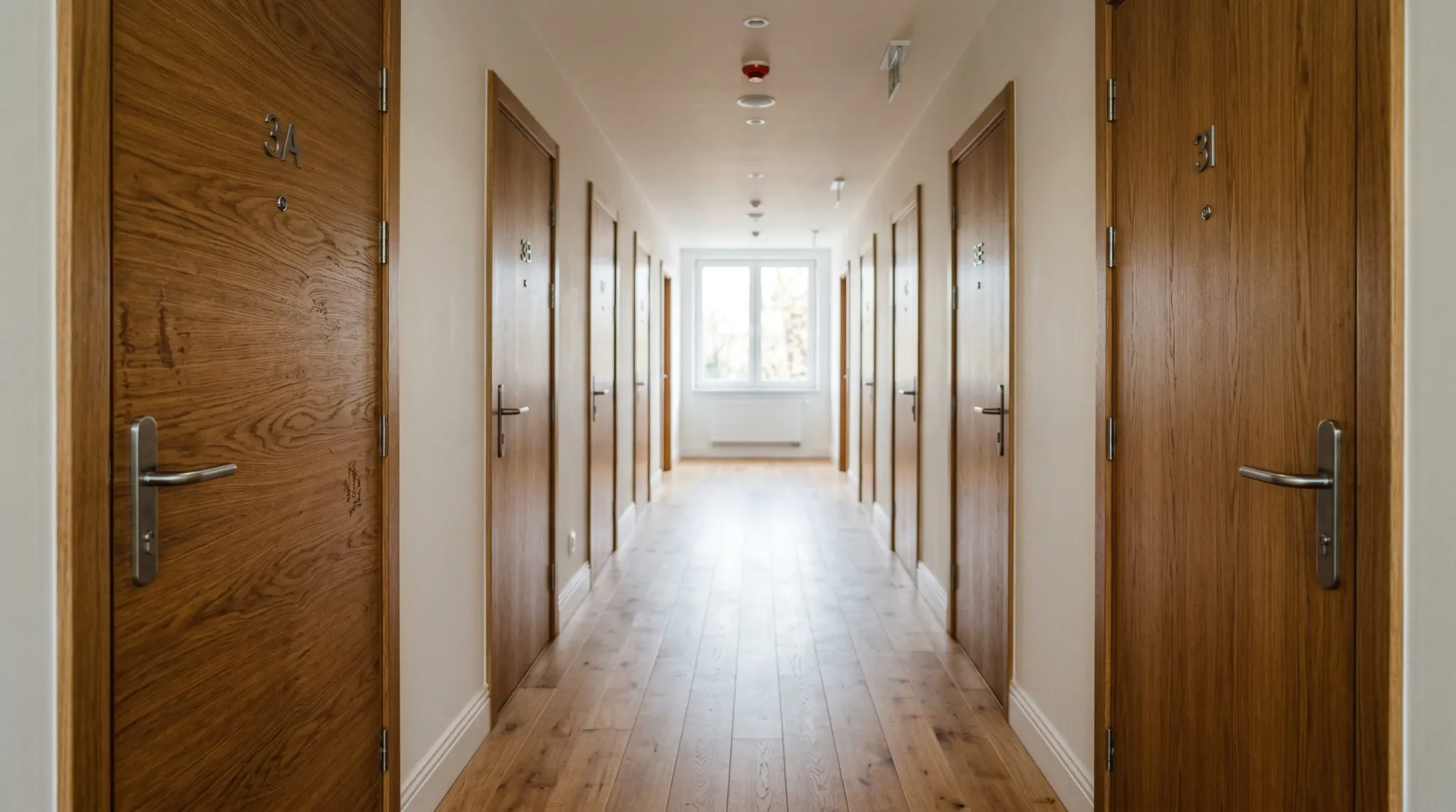 A wide-angle photorealistic shot of a modern European apartment building corridor with several closed wooden doors under soft, natural daylight. The composition is clean and symmetrical, with a shallo