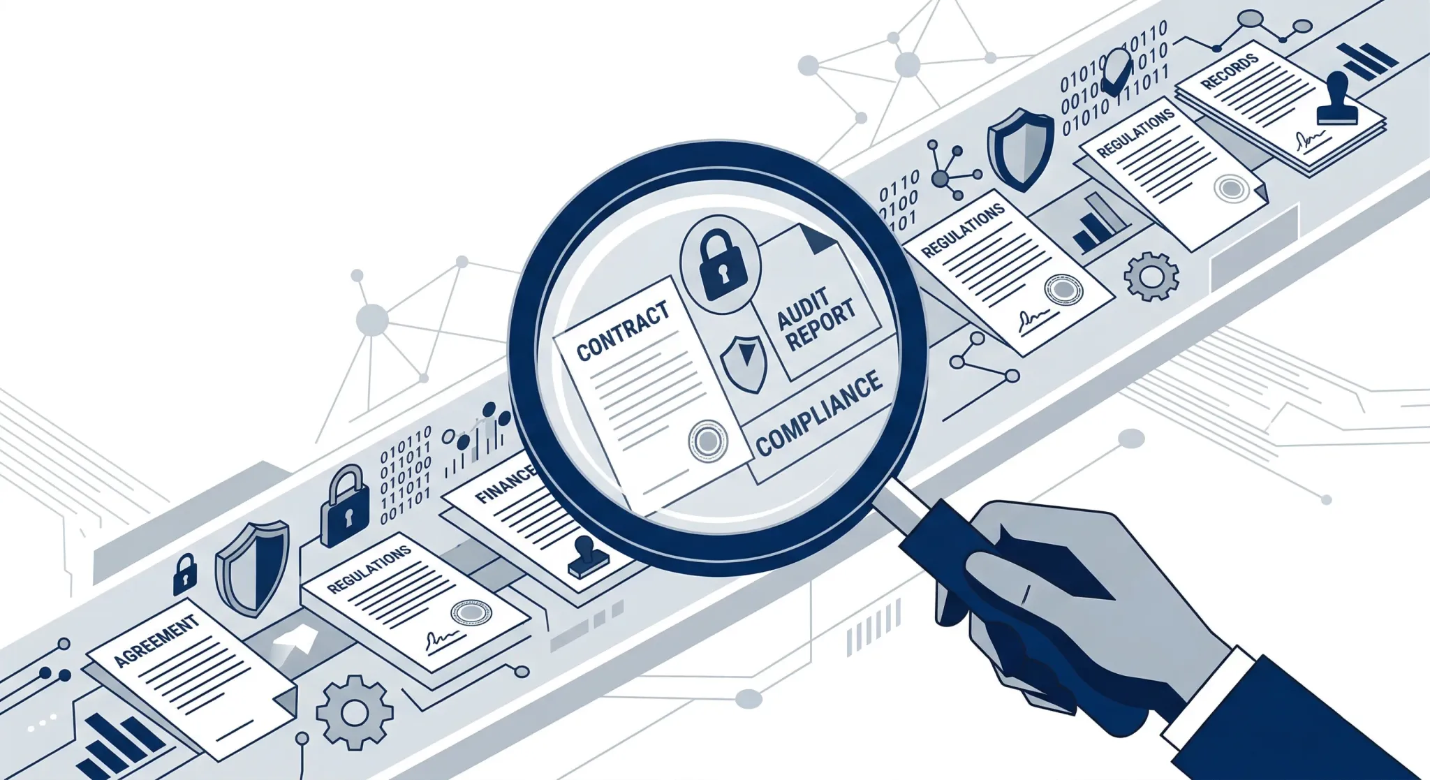 An editorial illustration of a stylized magnifying glass inspecting a stream of digital icons and paper documents, representing a legal audit. The composition is minimalist with a limited color palett