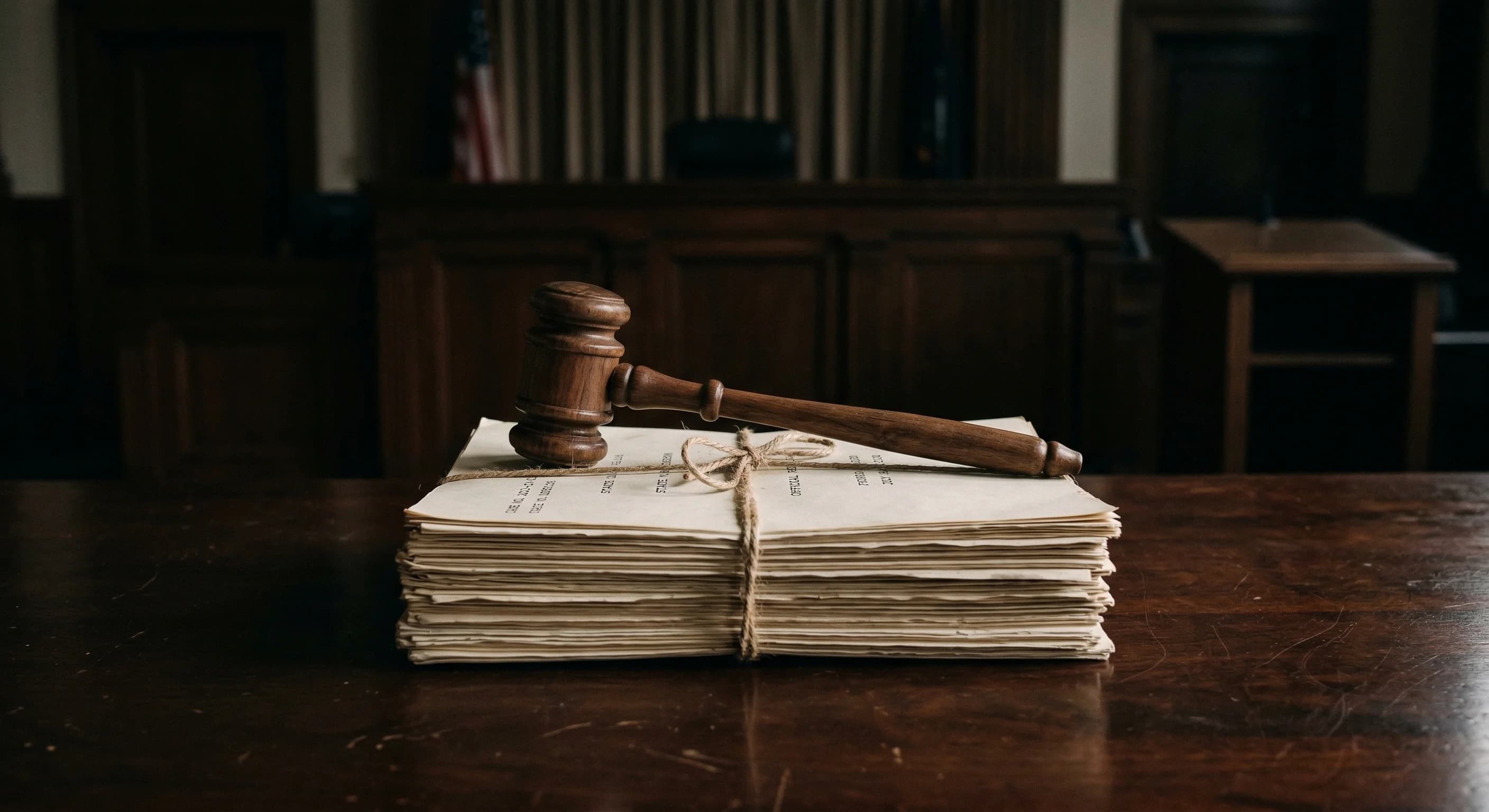 A minimalist composition featuring a single wooden judge's gavel resting on a thick bundle of official legal papers bound with a simple string. The scene is set on a dark, polished wooden table with d
