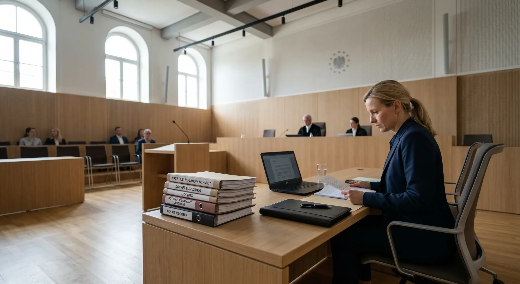A wide-angle, photorealistic shot of a modern European courtroom featuring minimalist light wood paneling and sleek furniture. The scene focuses on a lawyer's desk in the foreground with a stack of th
