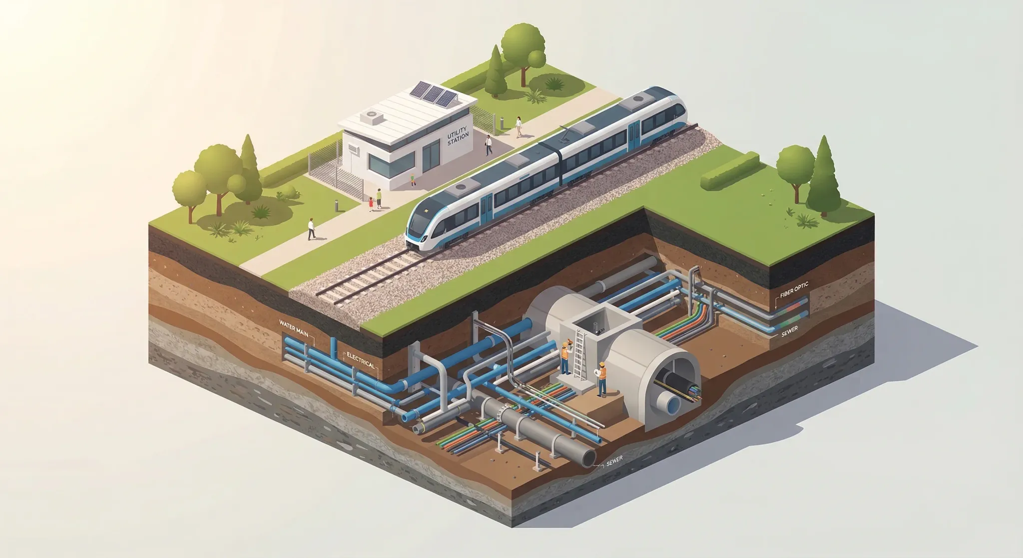An isometric 3D illustration of a slice of terrain showing layers of infrastructure. Above ground, a sleek passenger train travels on a gravel-bedded track next to a small white utility building. Belo