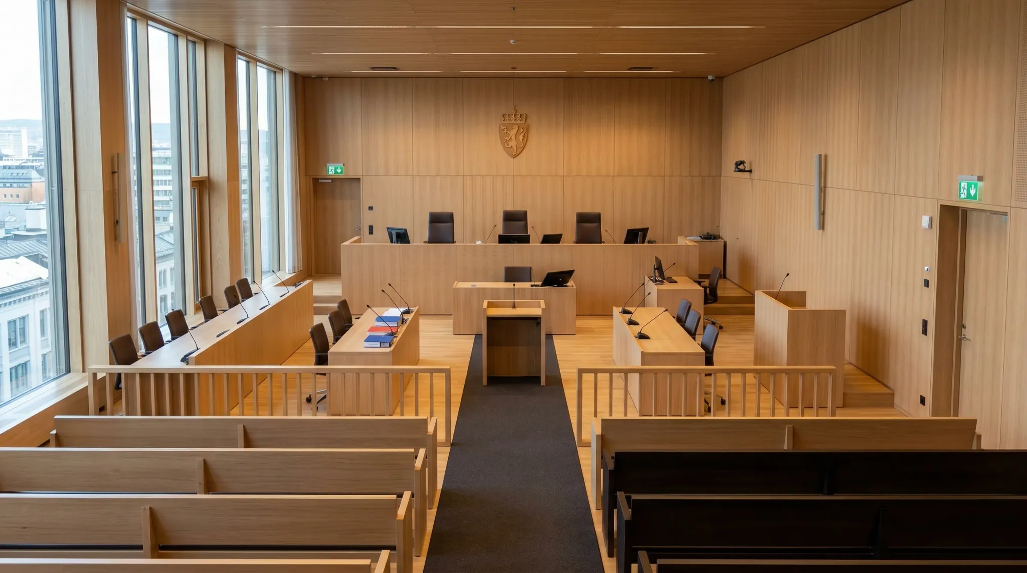A wide-angle photorealistic shot of a modern Scandinavian courtroom interior. The room features minimalist light oak wood paneling and a large, elevated judge's bench. The scene is empty, captured in