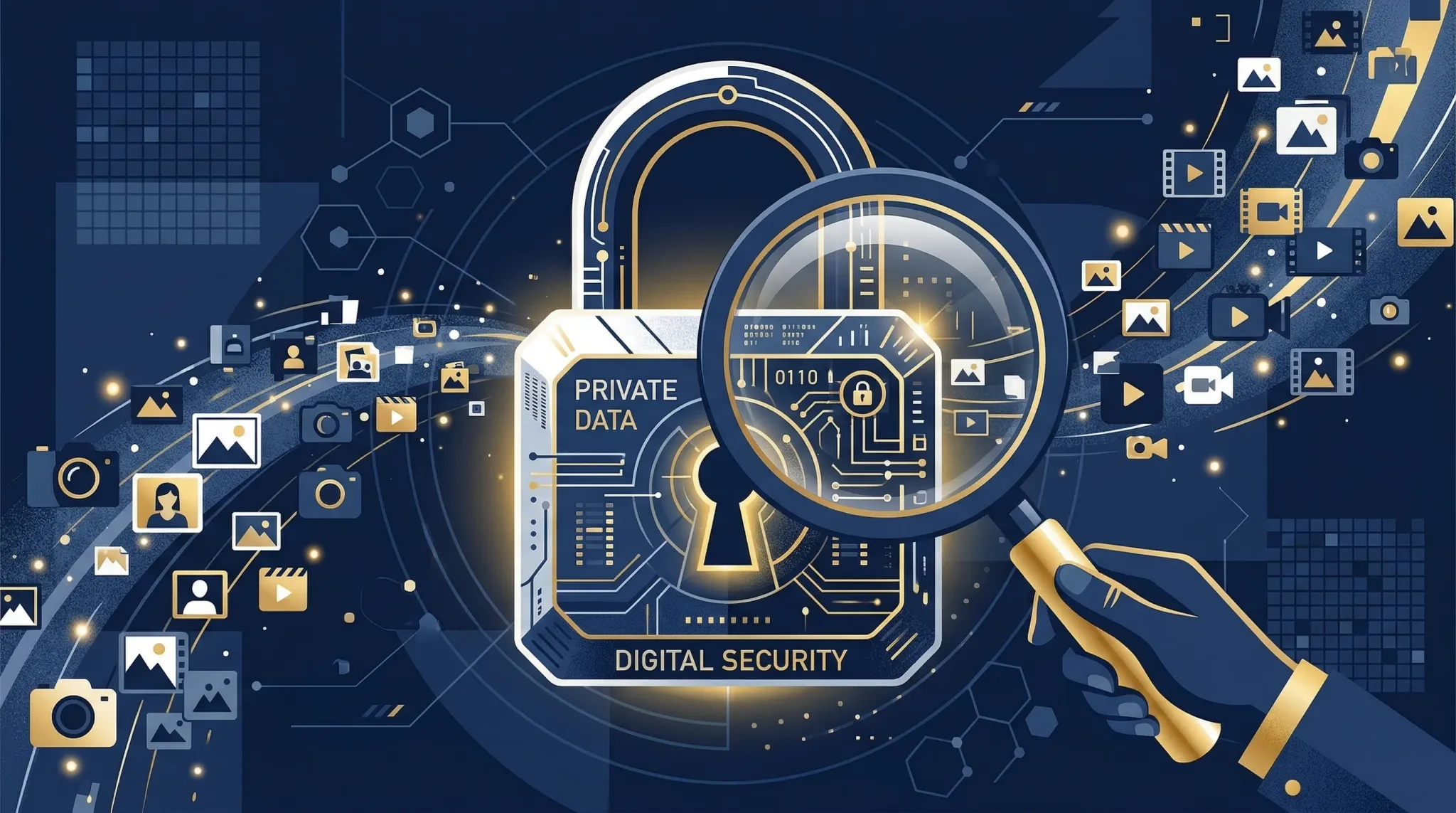 An editorial illustration of a large digital padlock being examined under a magnifying glass. Surrounding the lock are numerous small, stylized icons representing private photo and video files. The st