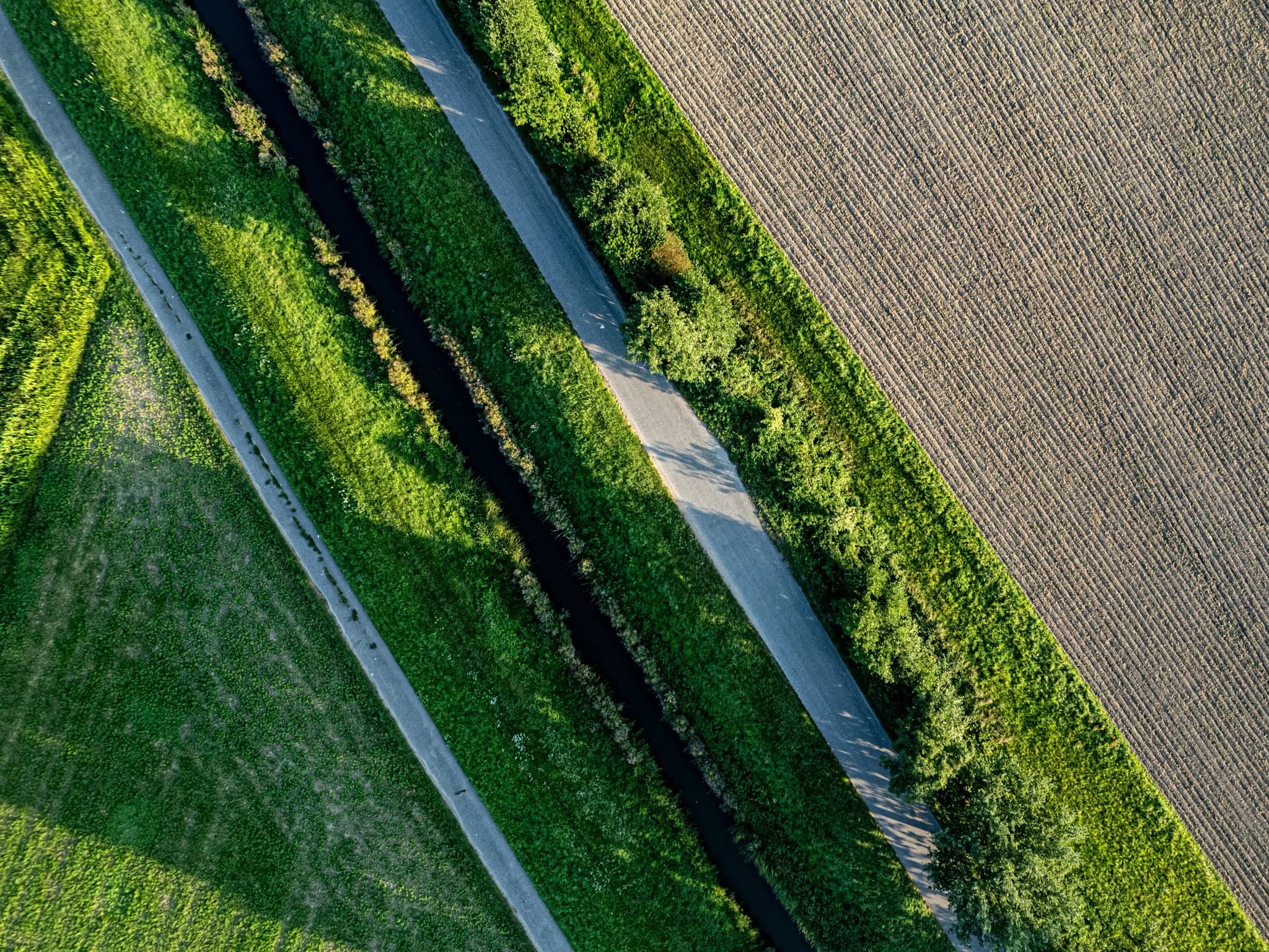 An aerial view of a farm field and road