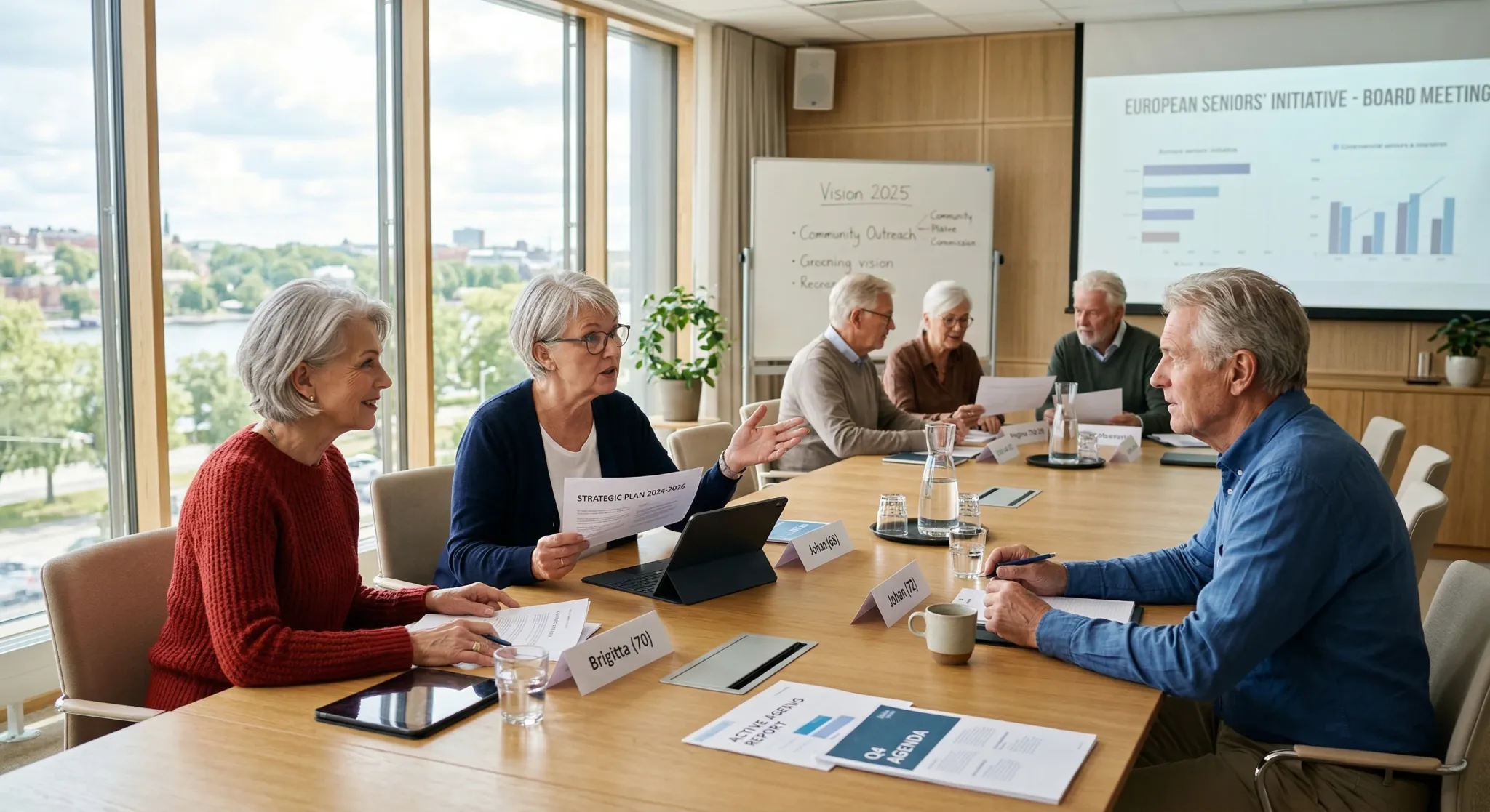 A group of active European senior citizens engaged in a board meeting within a bright, modern Scandinavian conference room. Soft natural light streams through large windows, illuminating a polished oa