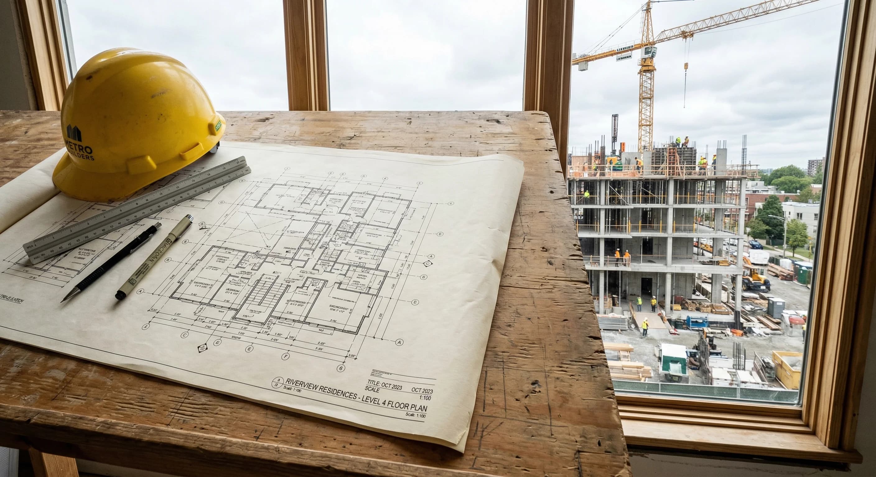 A high-angle photorealistic shot of architectural blueprints and a yellow hard hat resting on a wooden table. In the background, a large window reveals a construction site for a modern residential bui