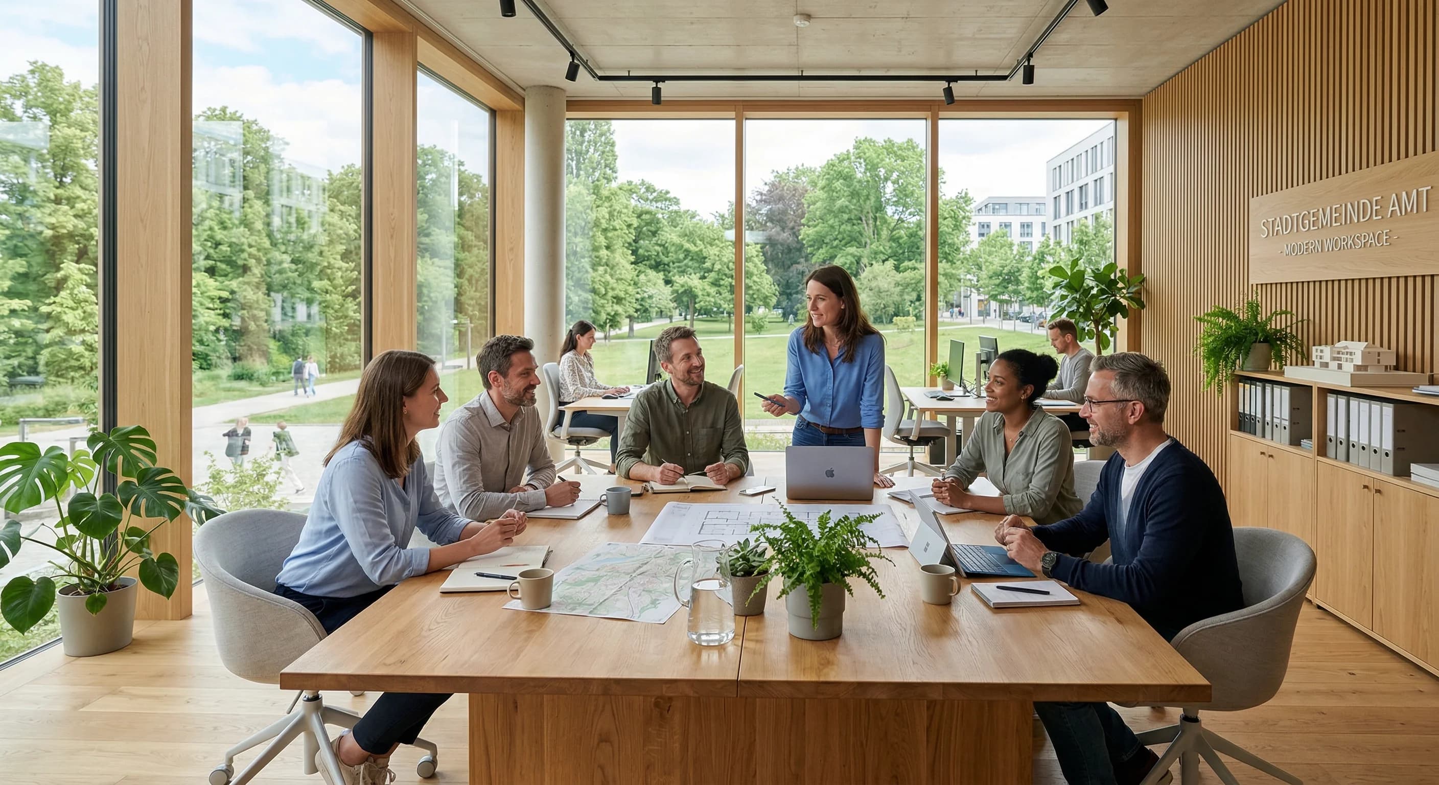 A photorealistic wide-angle shot of a modern European municipal office with light wood textures and large windows overlooking a green area. A group of professional employees is engaged in a collaborat