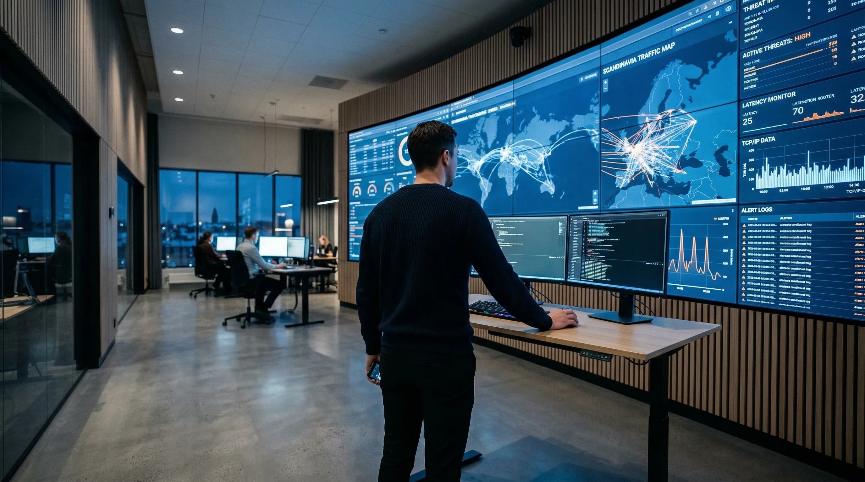 A cinematic wide-angle shot of a modern cybersecurity operations center in Northern Europe. A professional, seen from the back, monitors a large wall of glowing digital displays showing network traffi