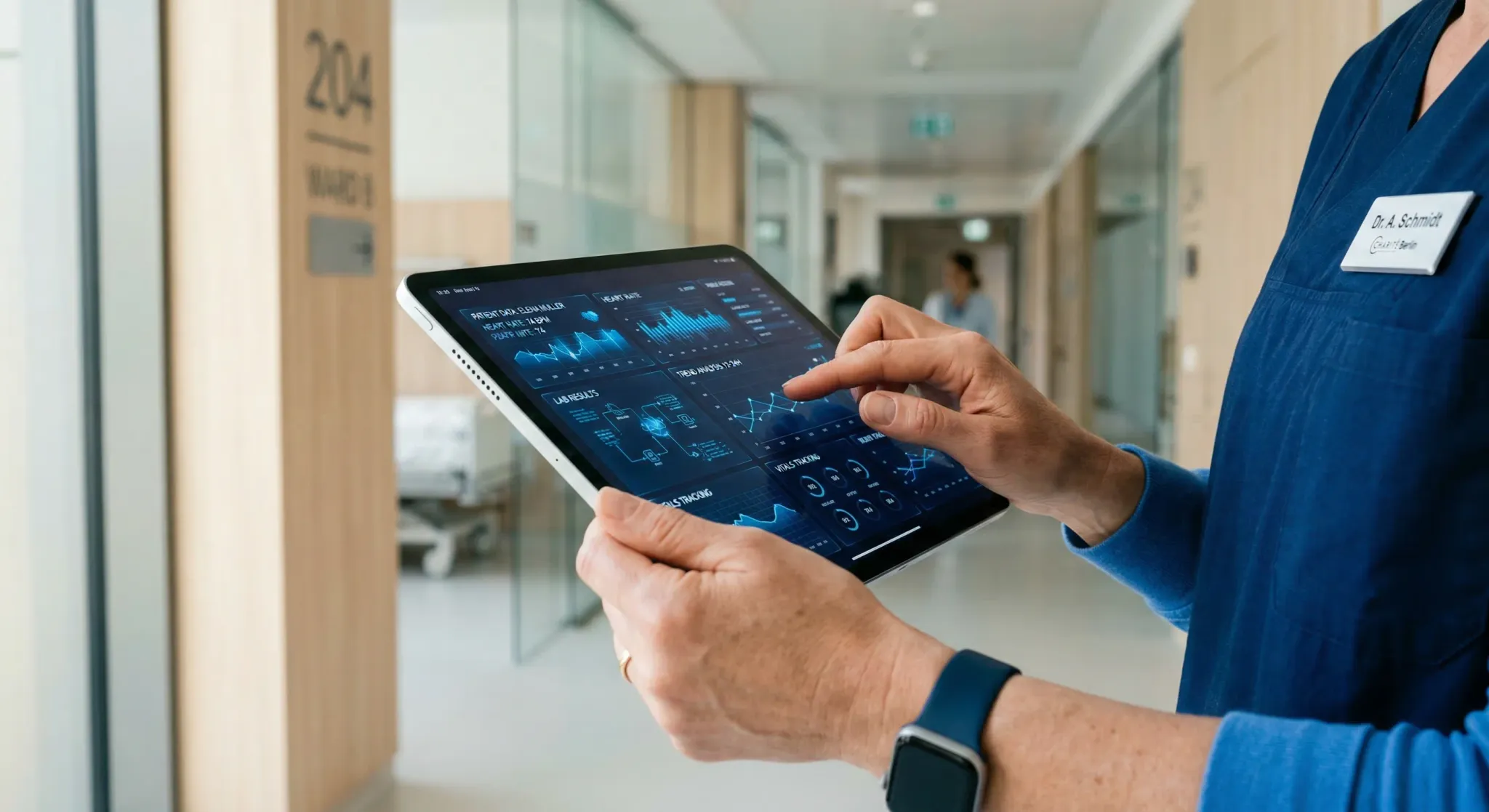 A photorealistic close-up of a doctor's hands holding a slim, modern tablet in a brightly lit European clinic. The screen displays abstract blue data visualizations and health charts, reflecting soft
