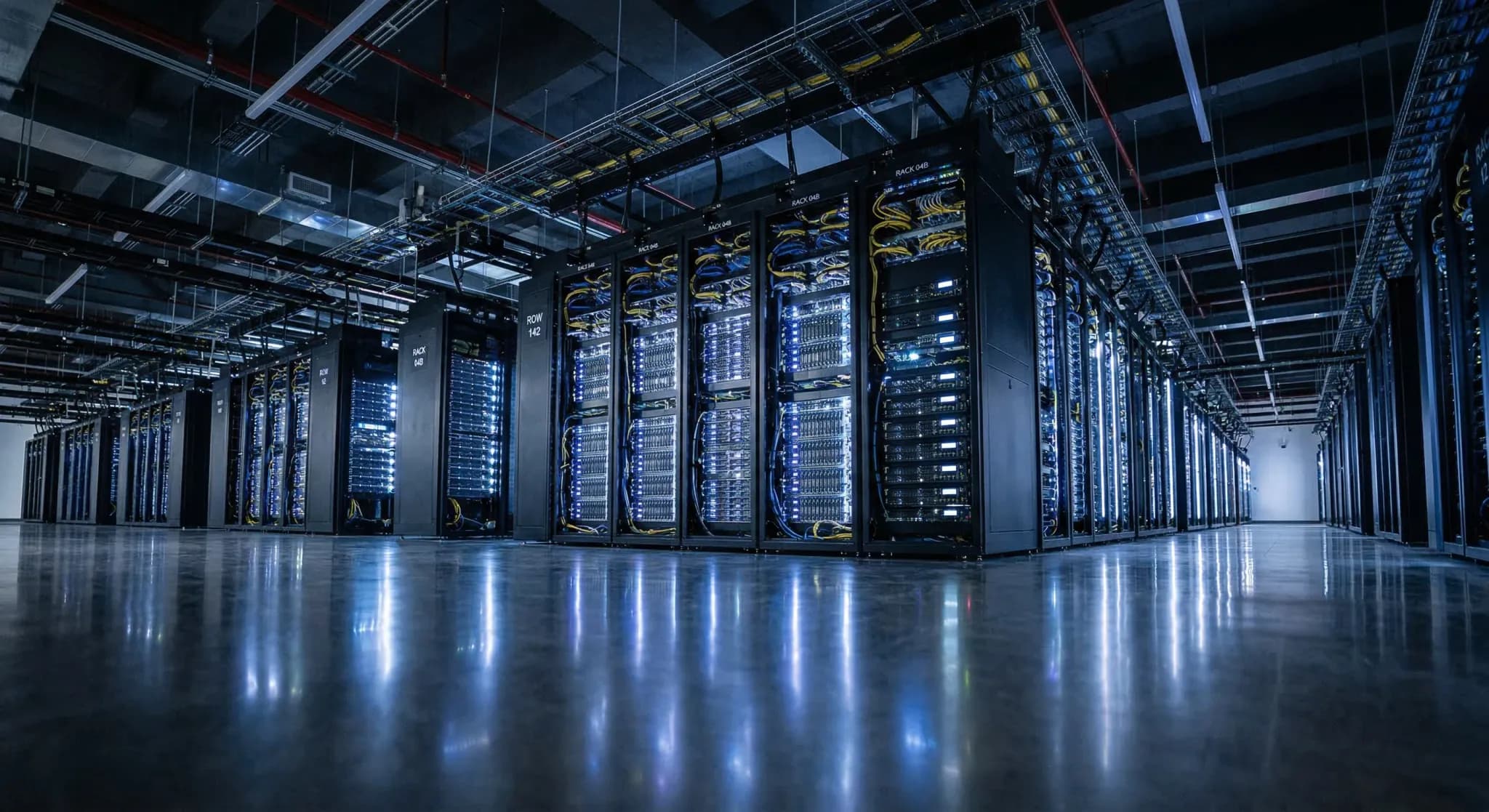 A wide-angle photorealistic shot of a modern, high-tech data center featuring rows of sleek server racks with soft blue and white LED lights. The floor is a polished dark grey surface reflecting the c