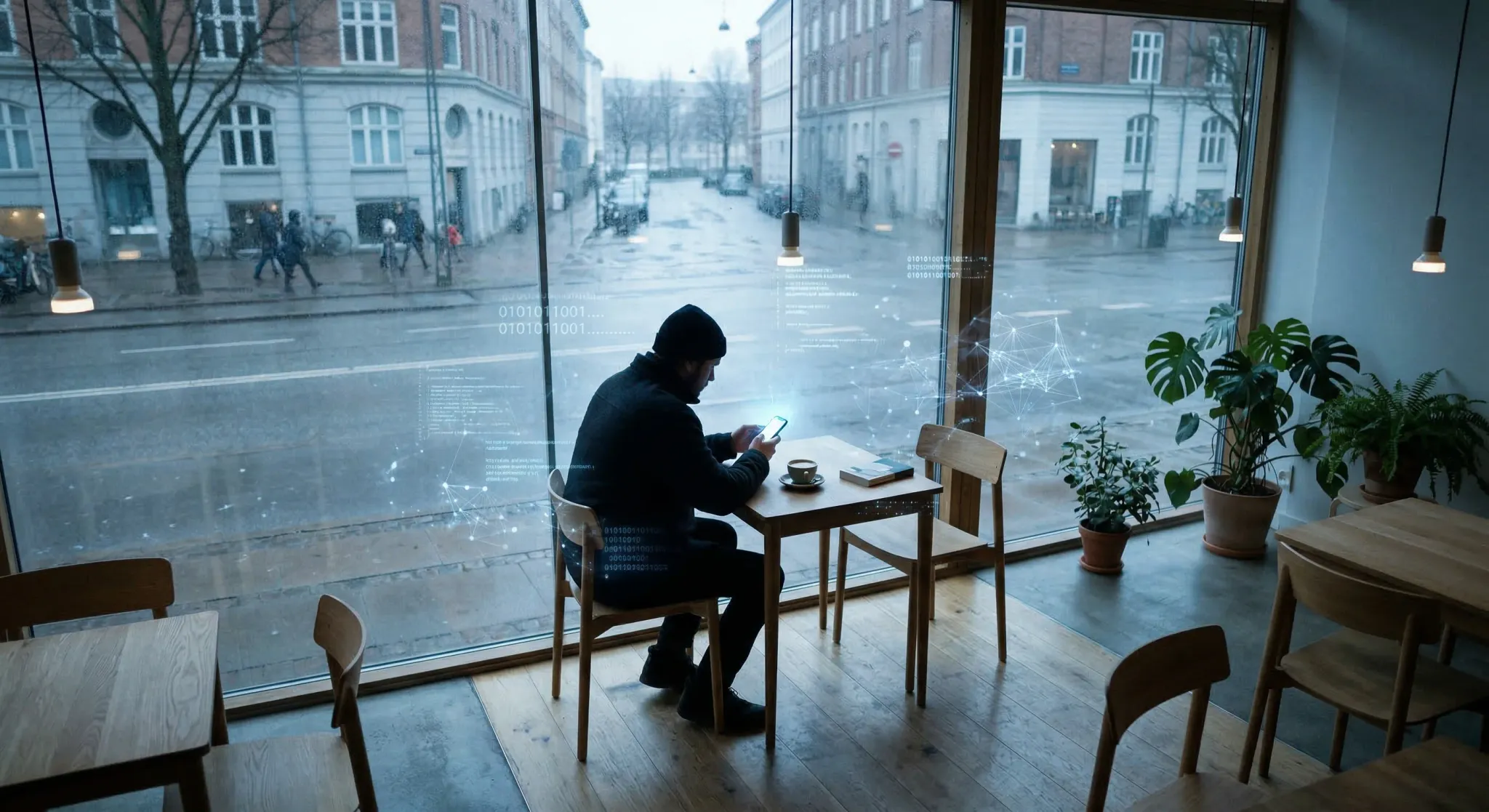 A high-angle photorealistic shot of a person sitting in a minimalist Scandinavian cafe, silhouetted against a large glass window. They are looking at a glowing smartphone, while faint, translucent dig