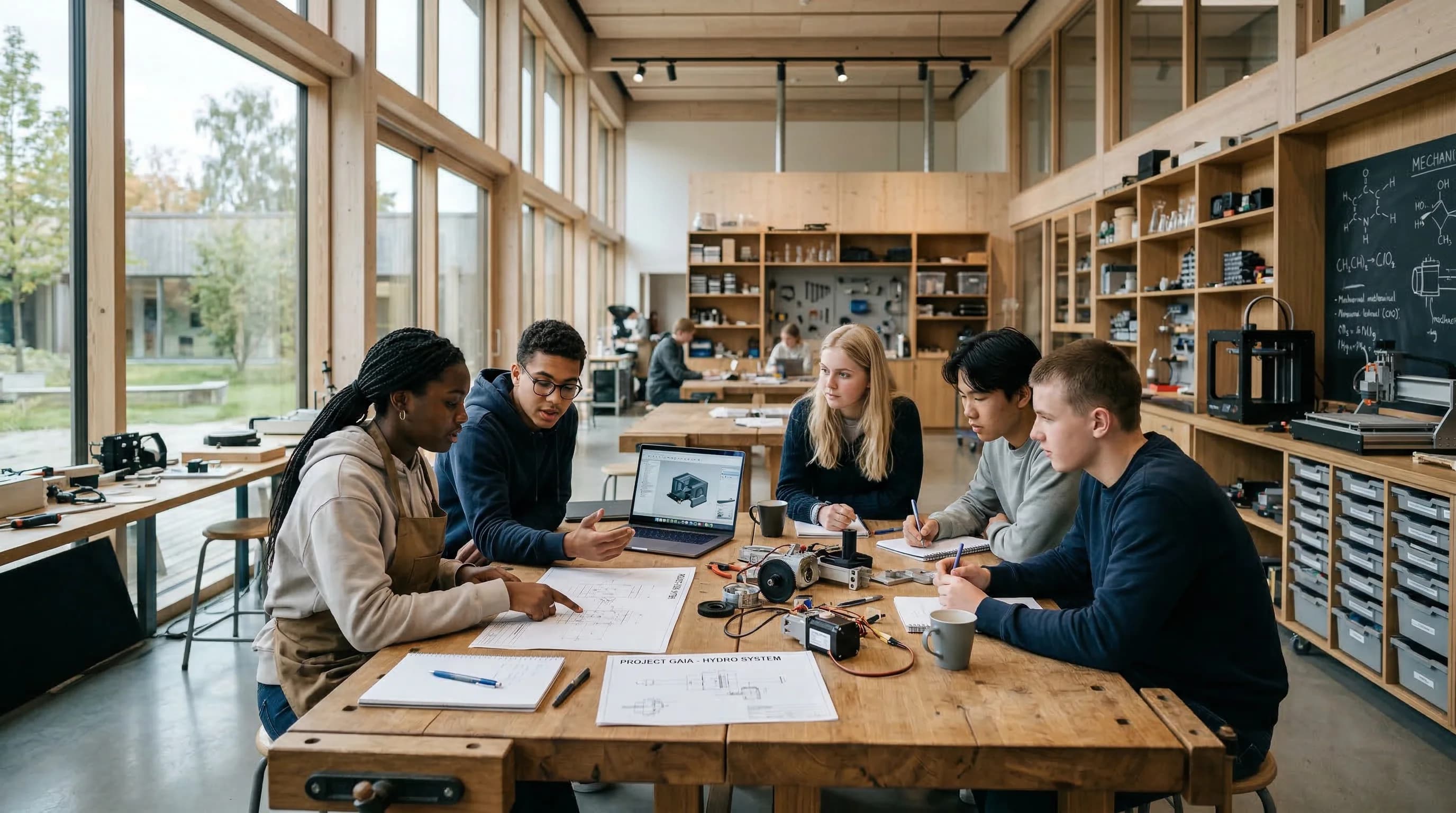 A wide-angle photorealistic shot of a modern Scandinavian educational space that blends a laboratory with a workshop. A group of diverse older teenagers are gathered around a large oak table covered w