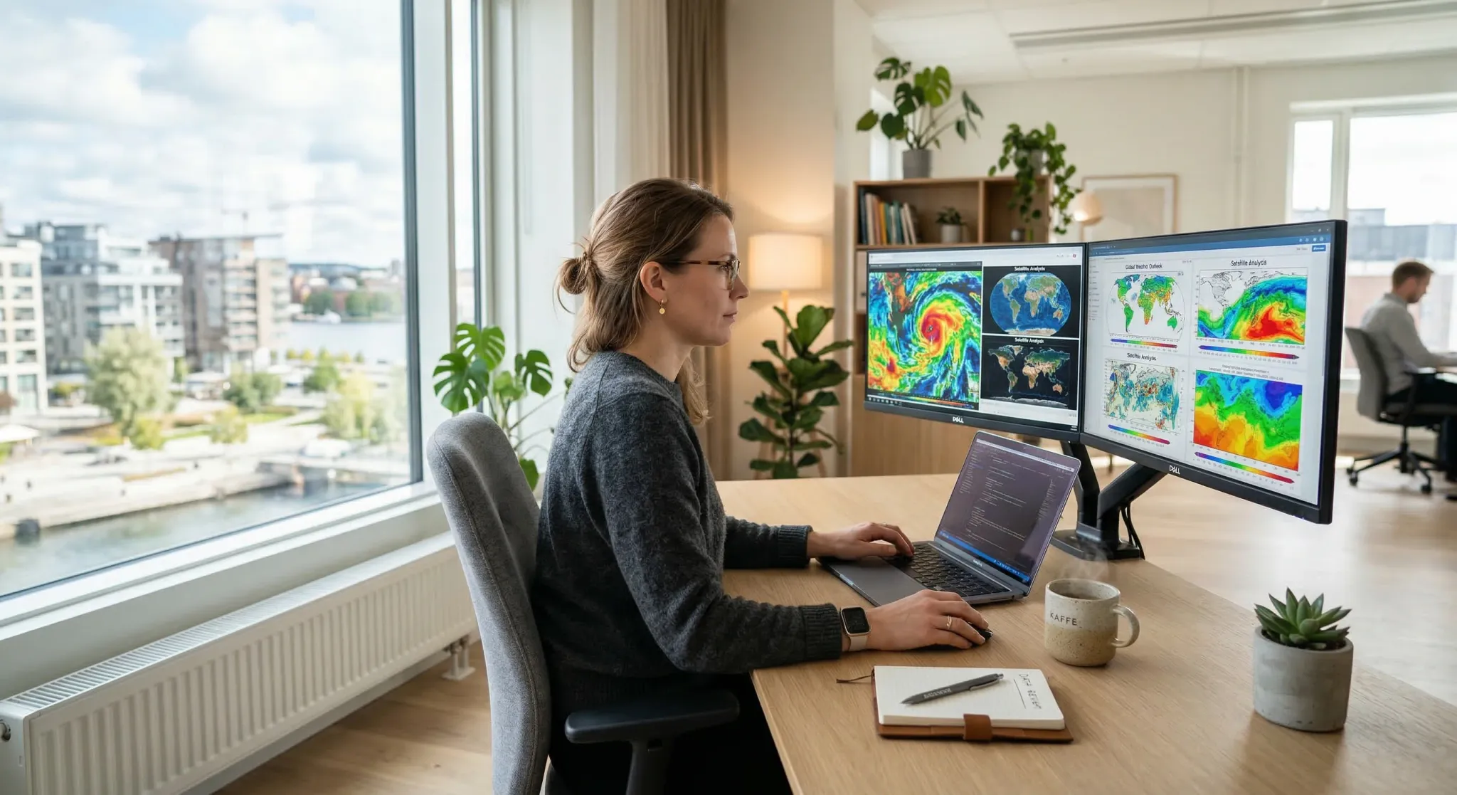 A professional woman working in a modern, minimalist office environment with a Scandinavian aesthetic. She sits at a desk with two large monitors displaying colorful weather patterns and satellite dat
