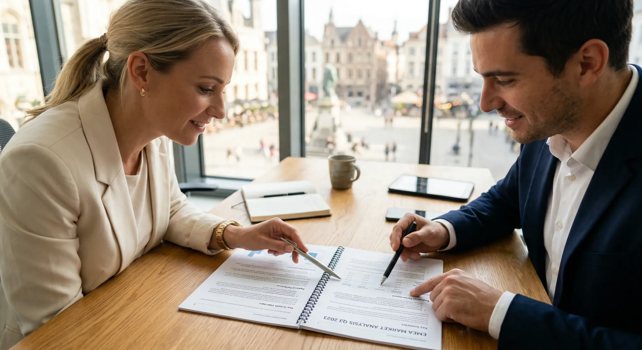 In a sunlit, modern office overlooking a city square, two professionals sit at a wooden desk reviewing a printed "EMEA Market Analysis Q3 2023" report. The atmosphere is collaborative and focused, with both individuals gesturing toward specific data points on the document using their pens.