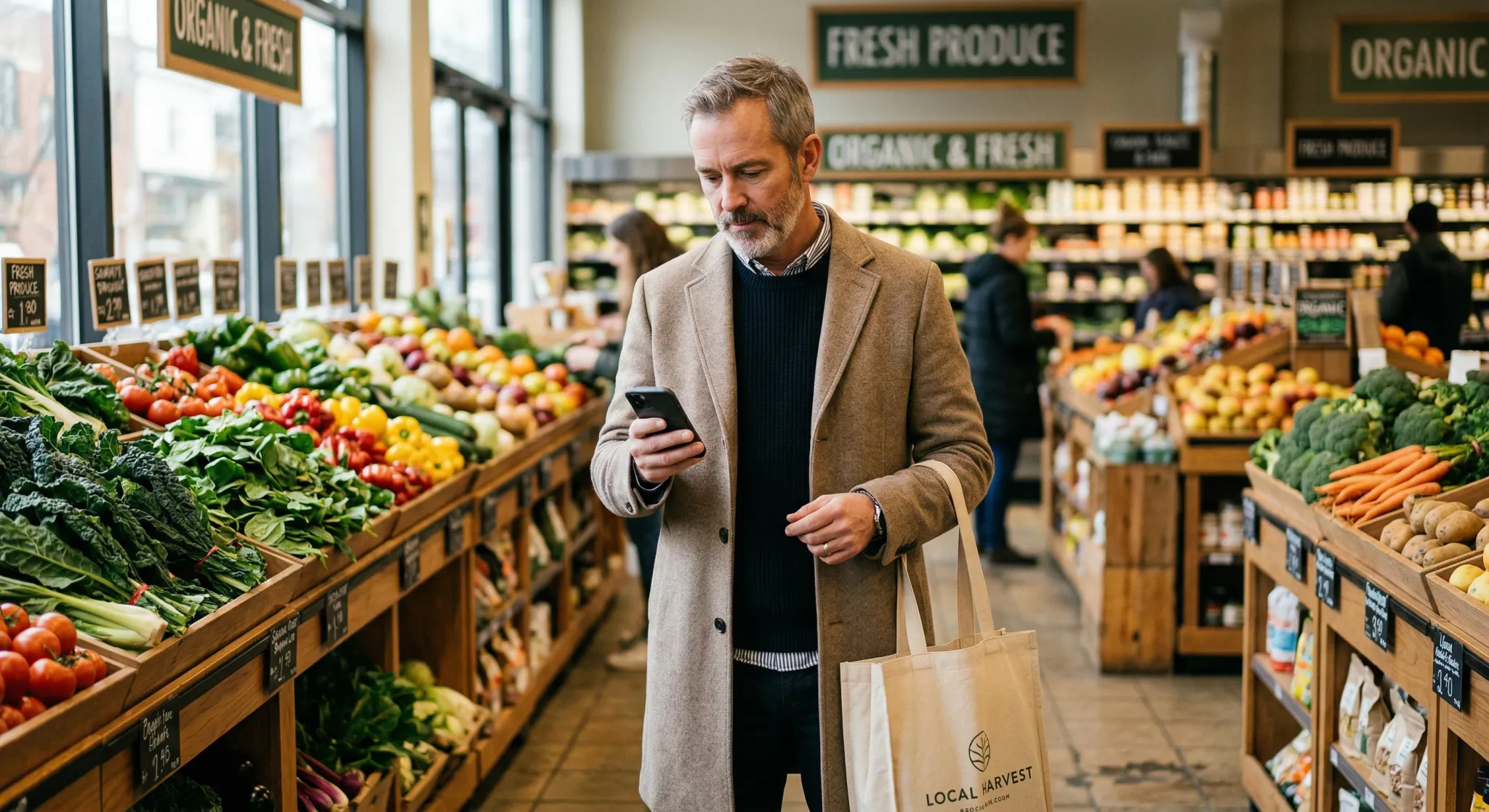 A photorealistic shot of a middle-aged European man in a light coat standing in a modern grocery store aisle. He is looking thoughtfully at his smartphone while holding a reusable shopping bag. The li